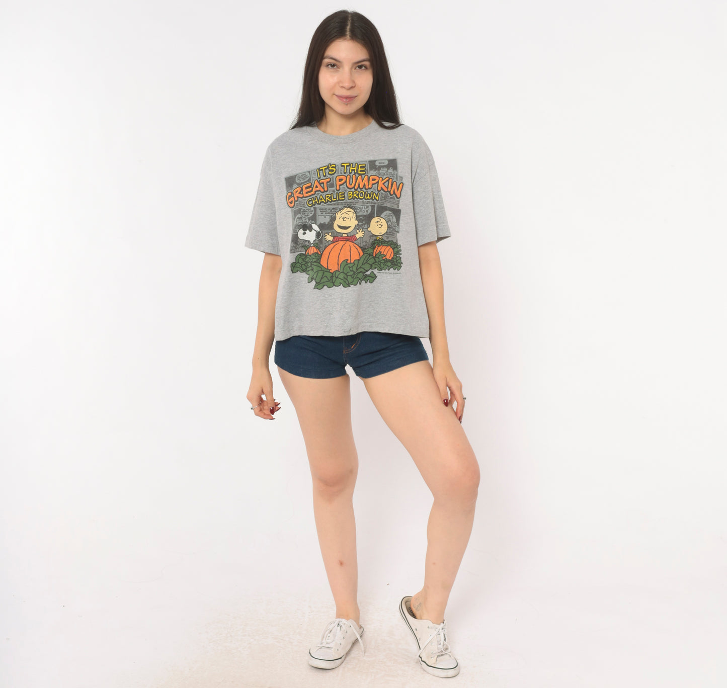 Peanuts Great Pumpkin Charlie Brown Tee Grey Cotton Halloween Snoopy Linus Comic Strip Shirt Boxy Ash Gray 2000s Short Sleeve Large L