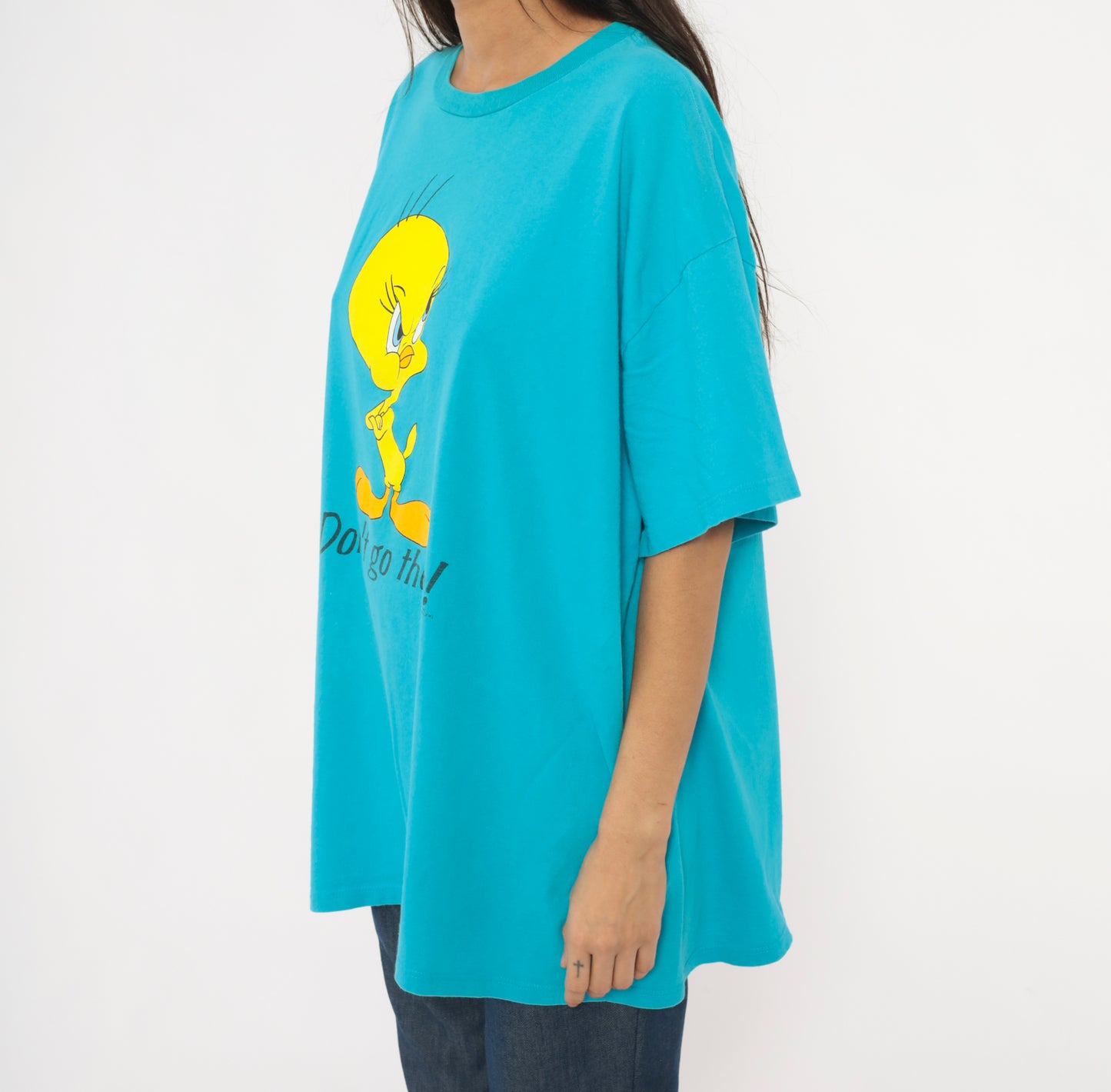 Tweety Bird Tee 90s Looney Tunes Cartoon Cobalt Blue Cotton Sleeve Boxy Fit Warner Bros Yellow Character Shirt One Size Fits Most OSFM
