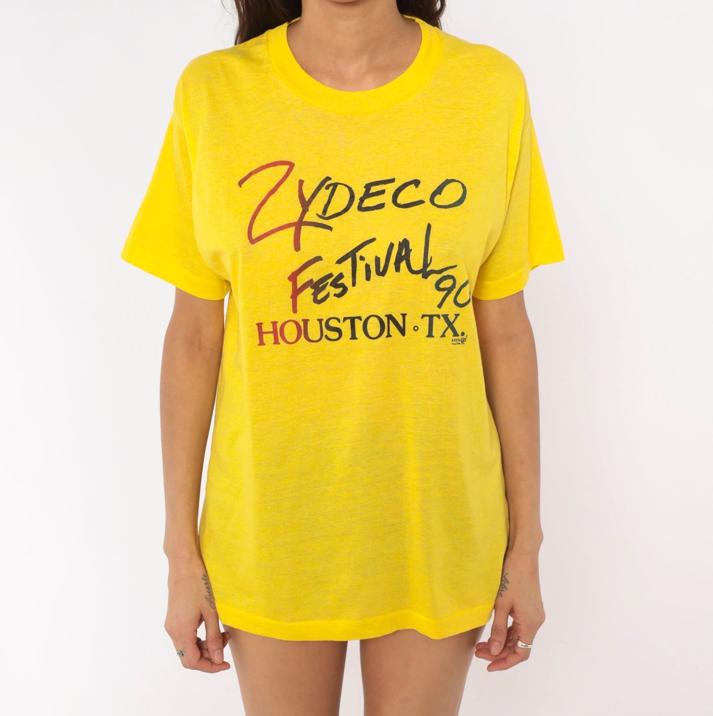 90 Zydeco Festival Houston Texas Tee Yellow Music Shirt Screen Stars Band Top Short Sleeve Graphic Gold Lemon Cotton Vintage Unisex Large L