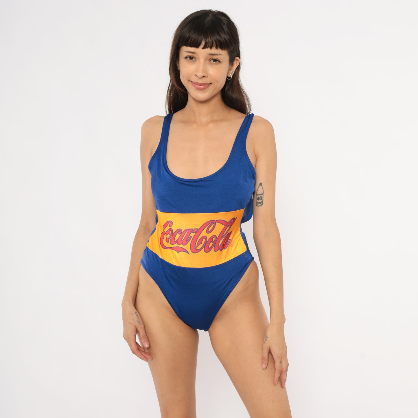 Coca Cola Swimsuit 80s One Piece Bathing Suit Cobalt Blue Yellow Low Back Swim Bodysuit Vintage Beach Pool Summer Pin Up Medium Large M L