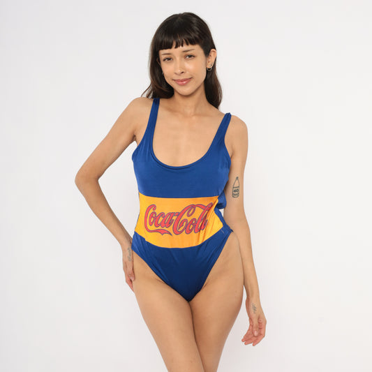Coca Cola Swimsuit 80s One Piece Bathing Suit Cobalt Blue Yellow Low Back Swim Bodysuit Vintage Beach Pool Summer Pin Up Medium Large M L