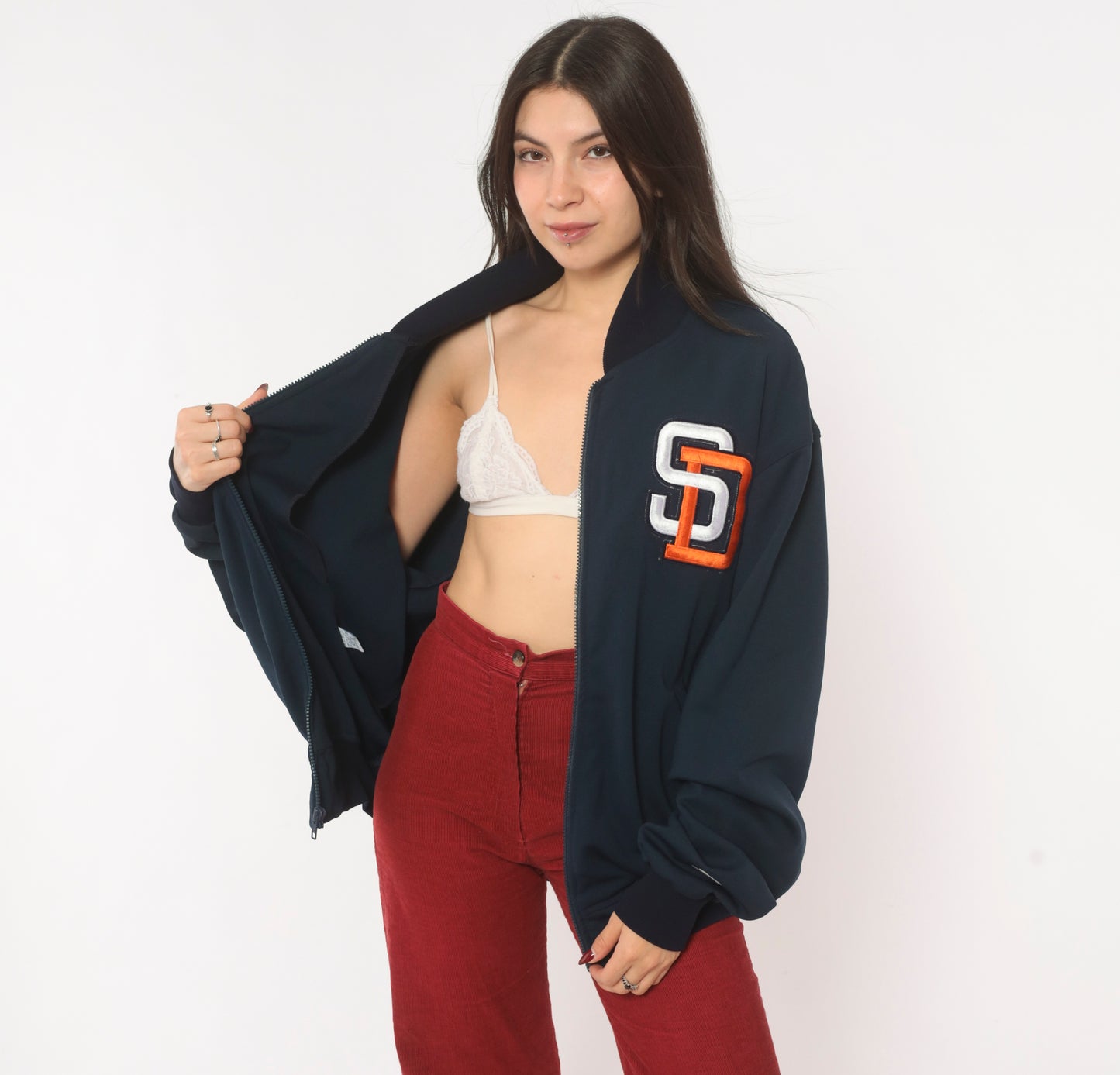 90s Starter San Diego Padres Jacket Navy Blue Zip Front Bomber Baseball MLB Varsity Warm Up Dugout Coat Sporty Athletic Extra Large XL