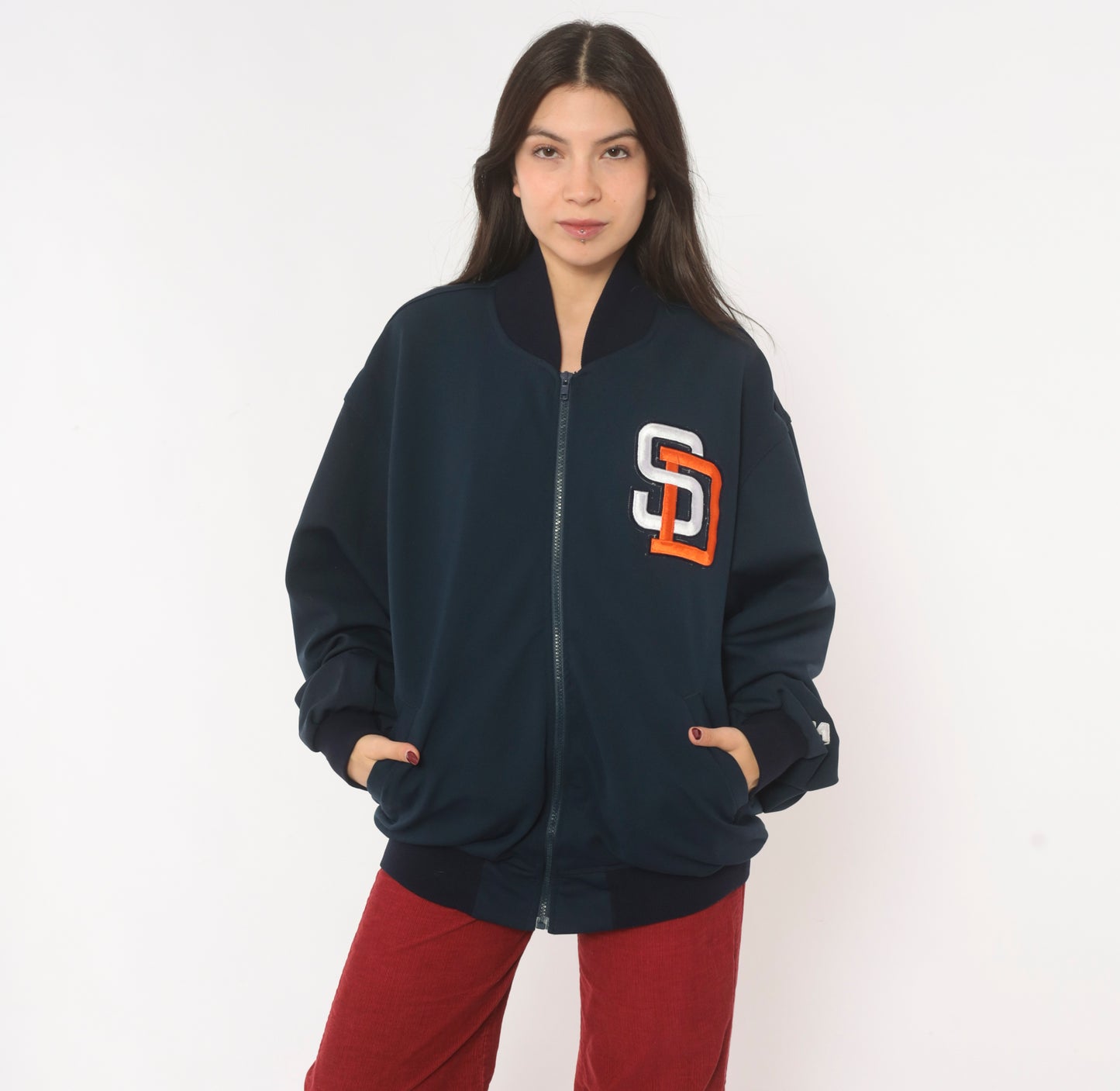90s Starter San Diego Padres Jacket Navy Blue Zip Front Bomber Baseball MLB Varsity Warm Up Dugout Coat Sporty Athletic Extra Large XL