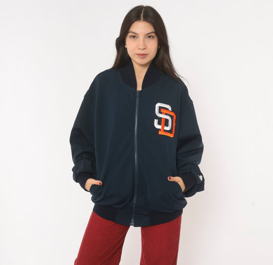 90s Starter San Diego Padres Jacket Navy Blue Zip Front Bomber Baseball MLB Varsity Warm Up Dugout Coat Sporty Athletic Extra Large XL