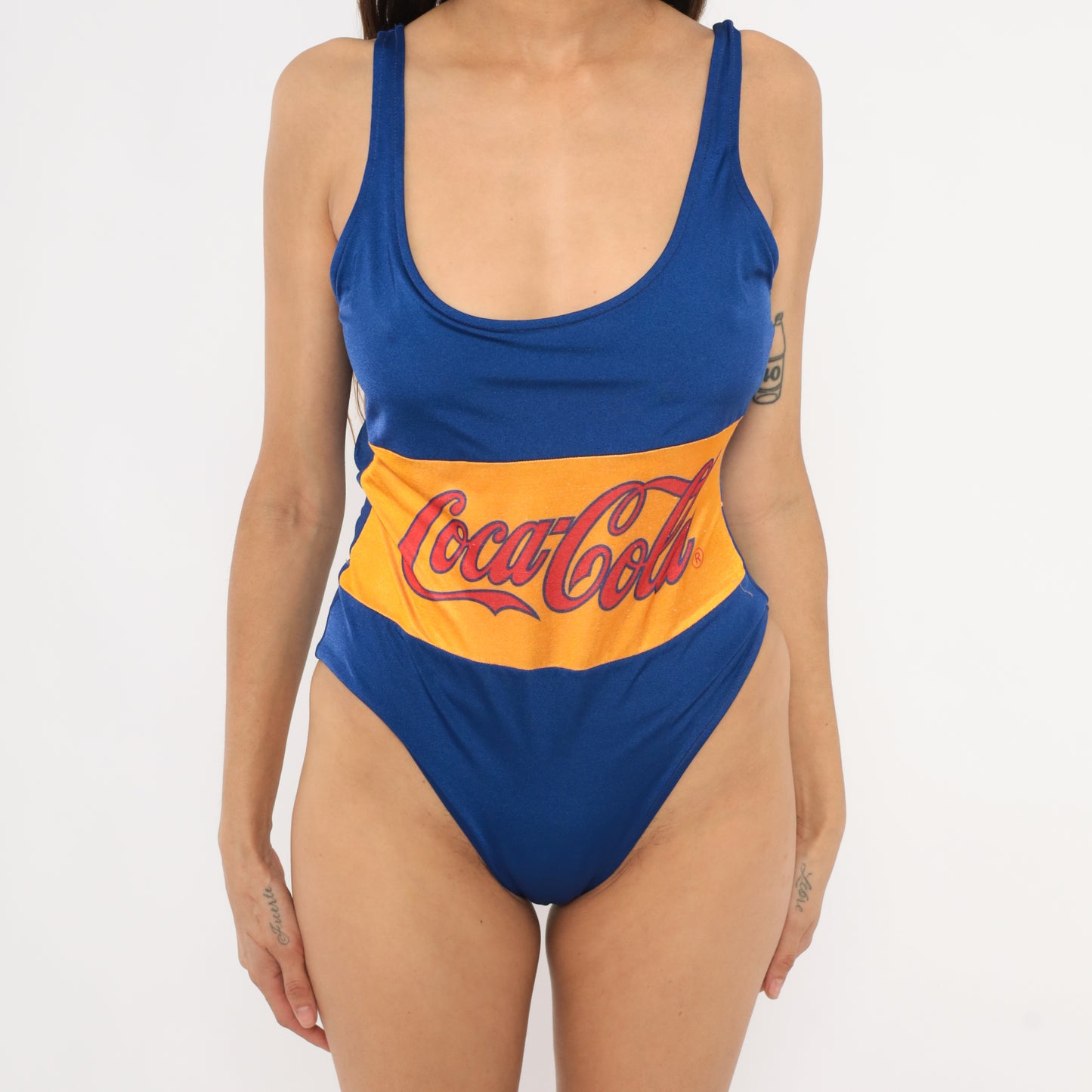 Coca Cola Swimsuit 80s One Piece Bathing Suit Cobalt Blue Yellow Low Back Swim Bodysuit Vintage Beach Pool Summer Pin Up Medium Large M L