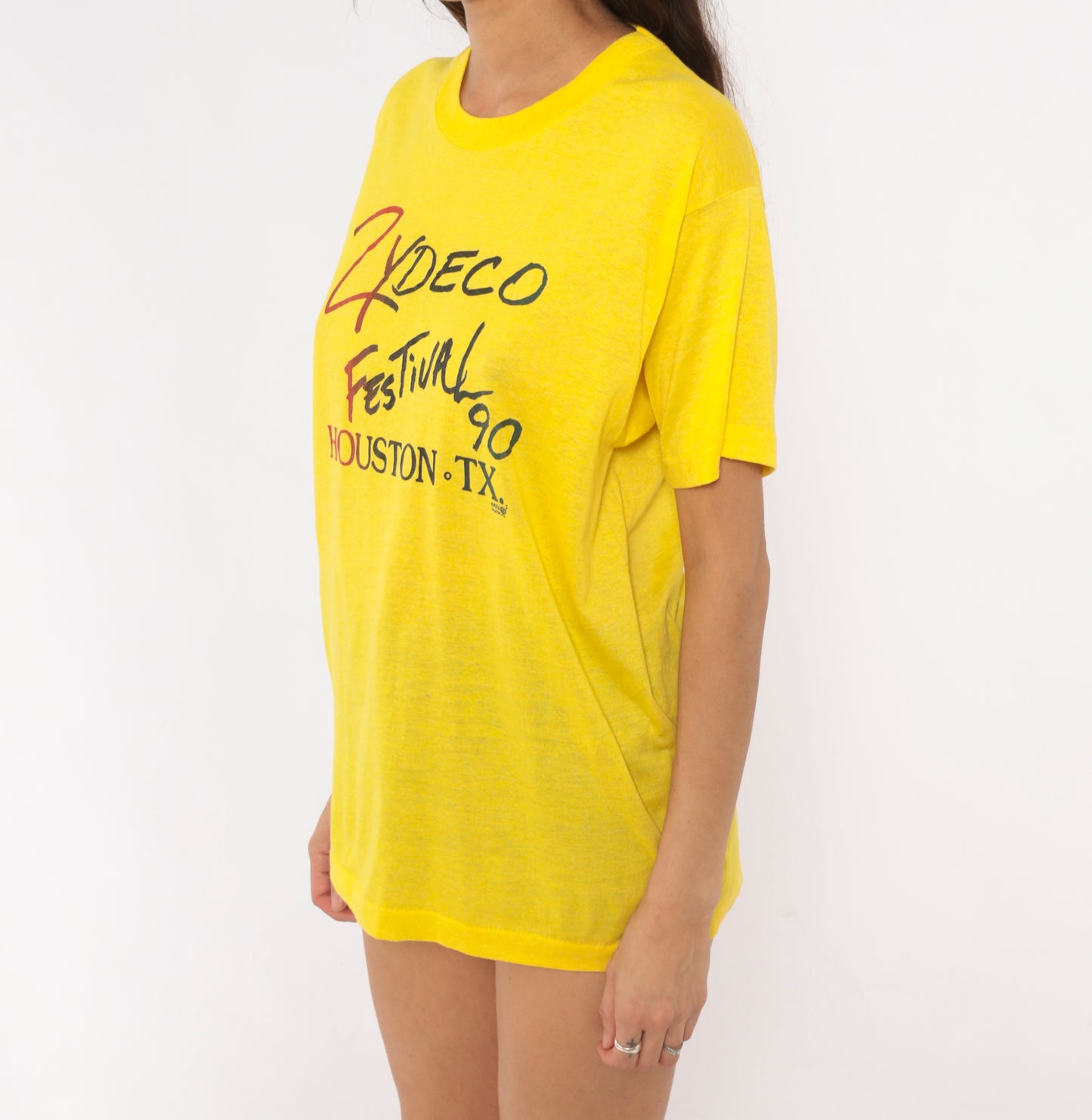 90 Zydeco Festival Houston Texas Tee Yellow Music Shirt Screen Stars Band Top Short Sleeve Graphic Gold Lemon Cotton Vintage Unisex Large L