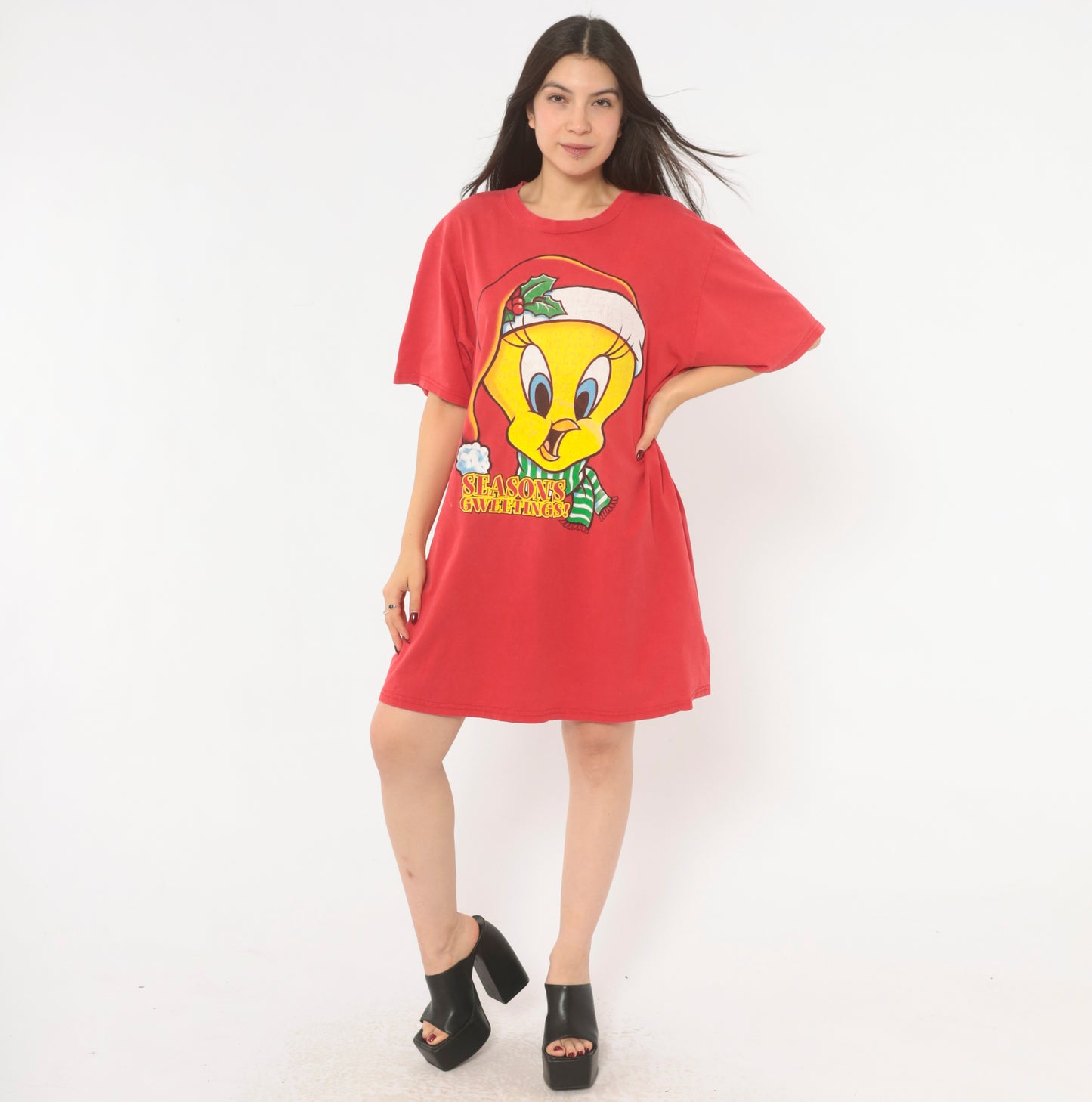 Tweety Bird Christmas Tee 90s Looney Tunes Season's Greetings Holiday Cartoon Graphic Red Streetwear Shirt Vintage One Size Fits Most OSFM
