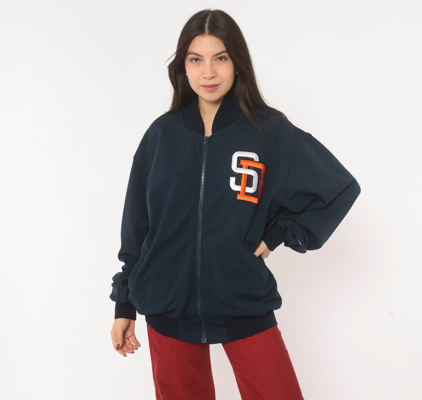 90s Starter San Diego Padres Jacket Navy Blue Zip Front Bomber Baseball MLB Varsity Warm Up Dugout Coat Sporty Athletic Extra Large XL