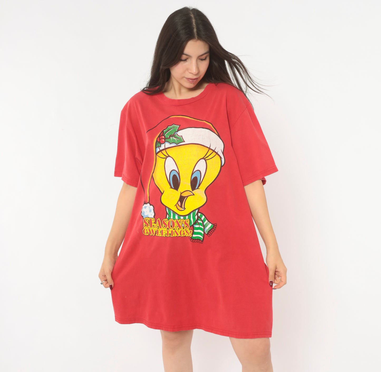 Tweety Bird Christmas Tee 90s Looney Tunes Season's Greetings Holiday Cartoon Graphic Red Streetwear Shirt Vintage One Size Fits Most OSFM