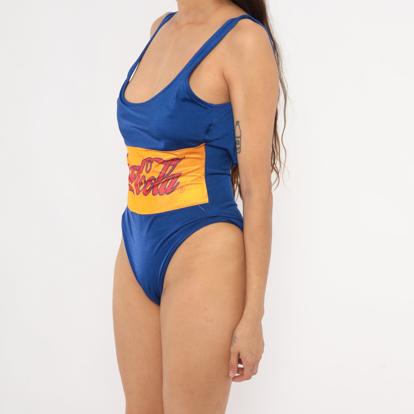 Coca Cola Swimsuit 80s One Piece Bathing Suit Cobalt Blue Yellow Low Back Swim Bodysuit Vintage Beach Pool Summer Pin Up Medium Large M L