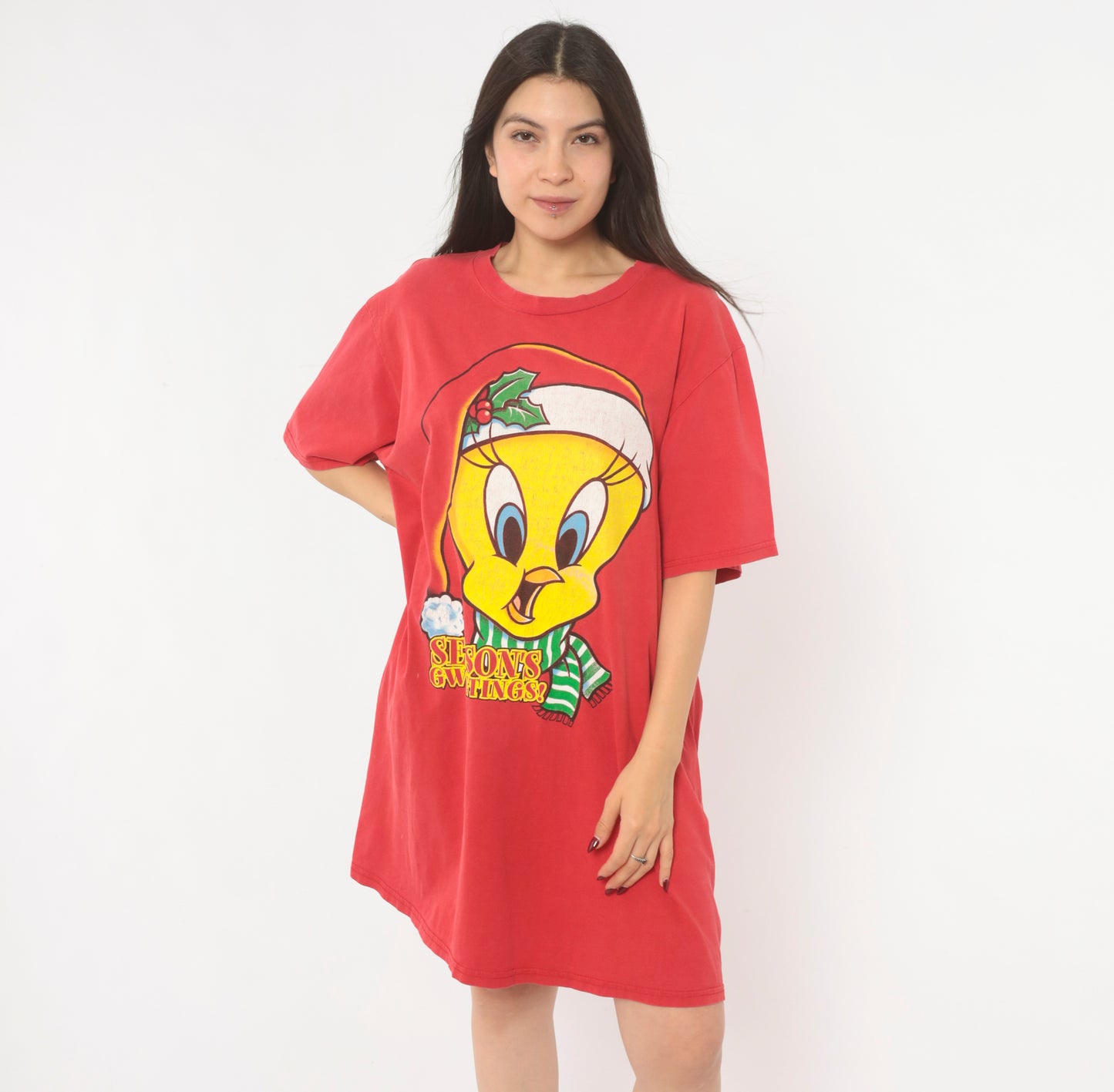 Tweety Bird Christmas Tee 90s Looney Tunes Season's Greetings Holiday Cartoon Graphic Red Streetwear Shirt Vintage One Size Fits Most OSFM