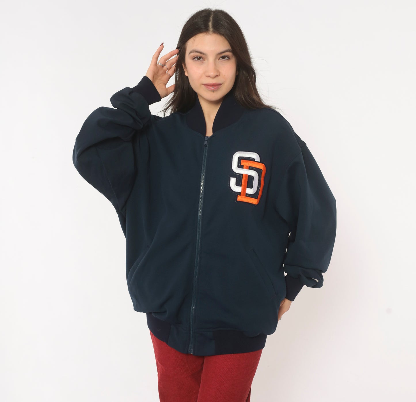 90s Starter San Diego Padres Jacket Navy Blue Zip Front Bomber Baseball MLB Varsity Warm Up Dugout Coat Sporty Athletic Extra Large XL