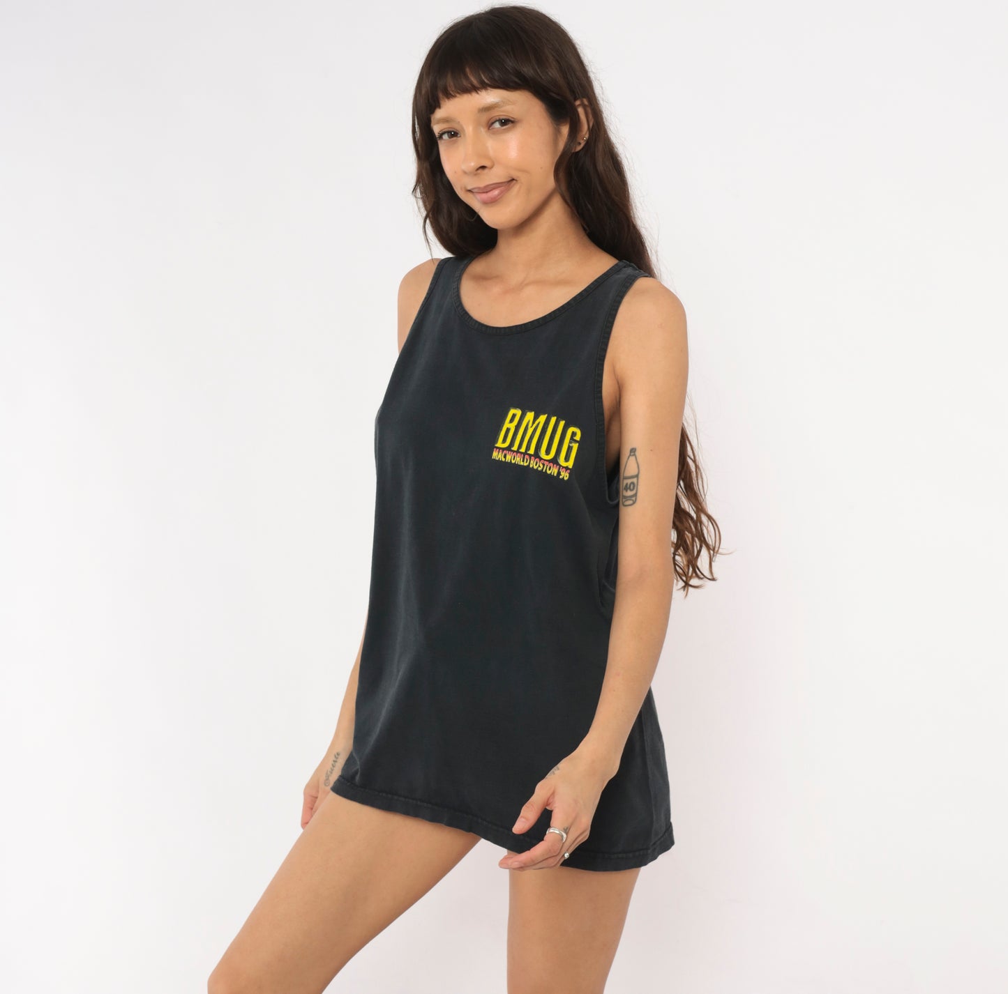 BMUG Macworld Boston 96 Tank Top Black Cotton Graphic Tee Tech Conference Vintage 90s Collegiate Shirt Faded Jet Relaxed Fit Unisex Large L