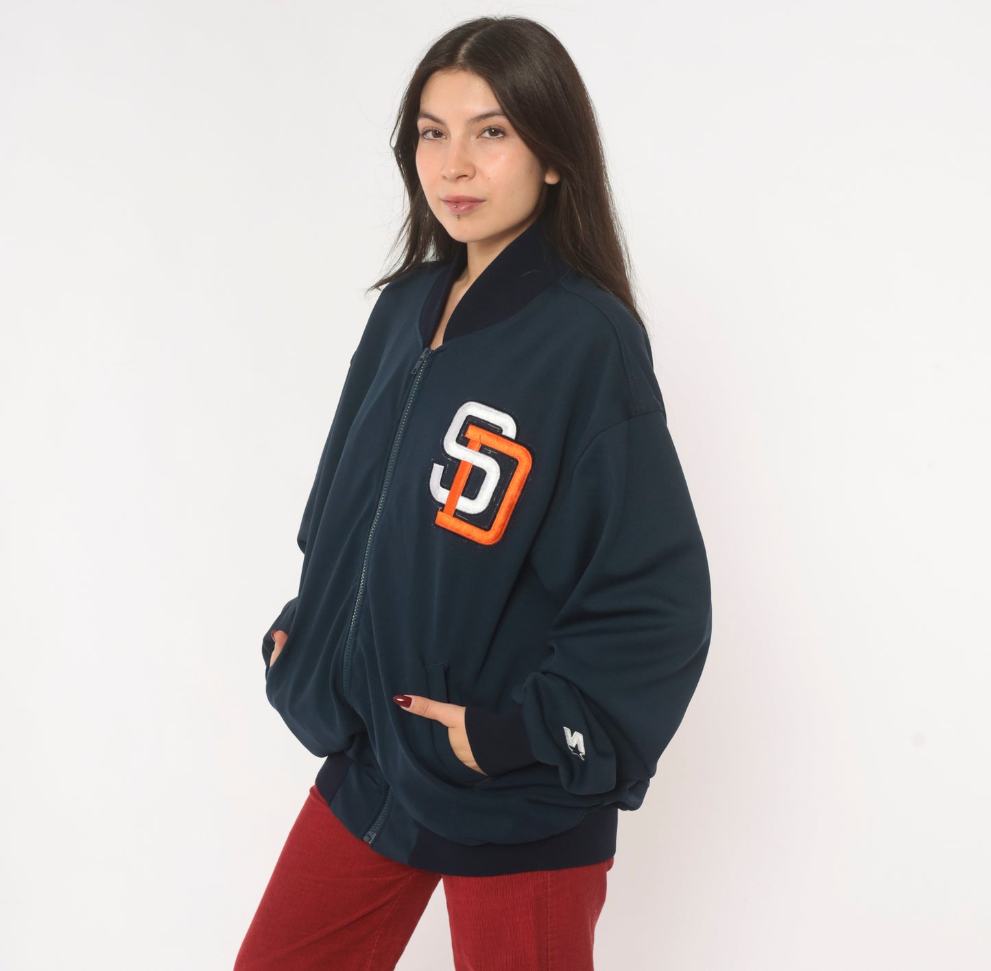 90s Starter San Diego Padres Jacket Navy Blue Zip Front Bomber Baseball MLB Varsity Warm Up Dugout Coat Sporty Athletic Extra Large XL