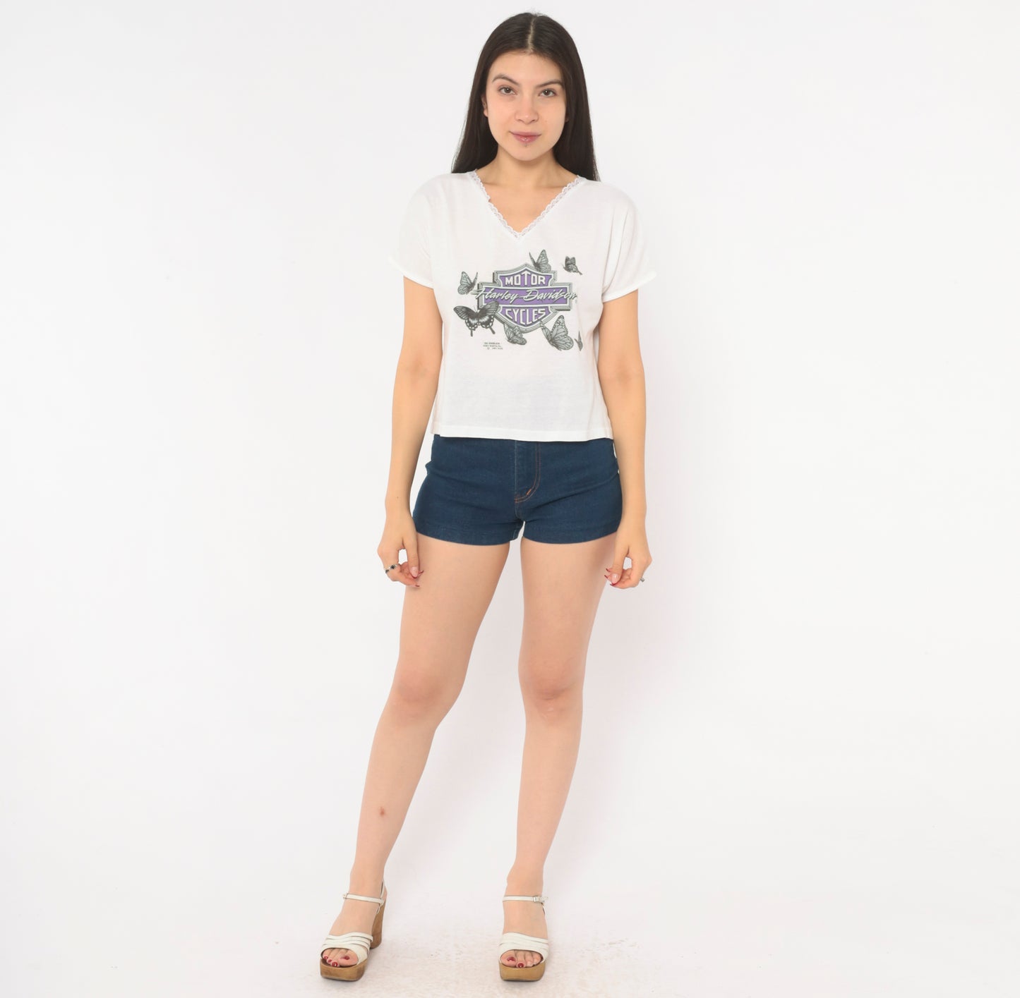 Harley Davidson Butterfly Tee 90s 3D Emblem Lace Trim V Neck White Cotton Biker Motorcycle Purple Coquette Short Sleeve Vintage Medium M