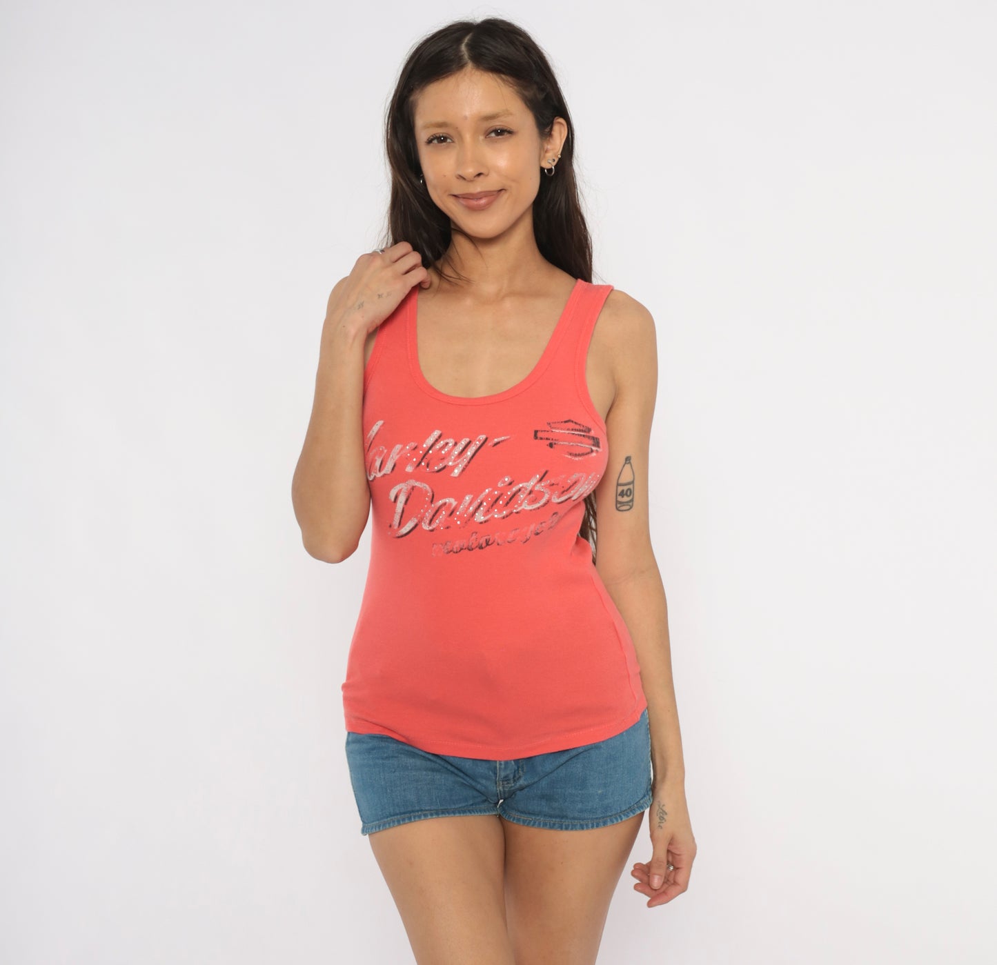 Coral Harley Davidson Tank Top 2000s  Ribbed Cotton Motorcycle Biker Salmon Pink Fitted Sleeveless Shirt Y2K Sparkle Cami Small S