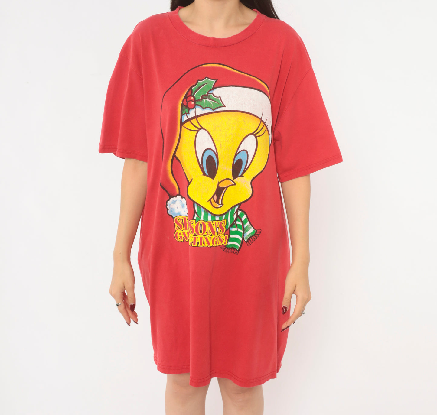 Tweety Bird Christmas Tee 90s Looney Tunes Season's Greetings Holiday Cartoon Graphic Red Streetwear Shirt Vintage One Size Fits Most OSFM