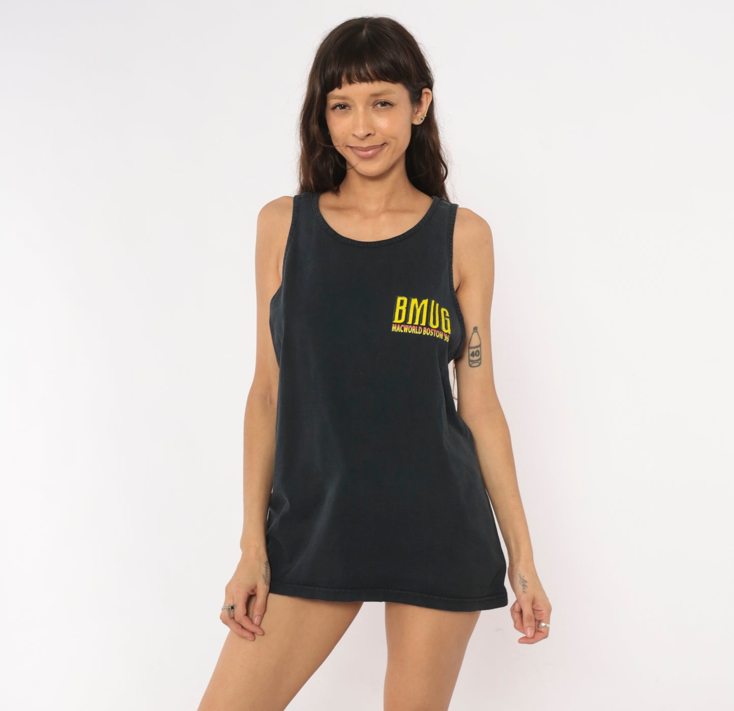 BMUG Macworld Boston 96 Tank Top Black Cotton Graphic Tee Tech Conference Vintage 90s Collegiate Shirt Faded Jet Relaxed Fit Unisex Large L