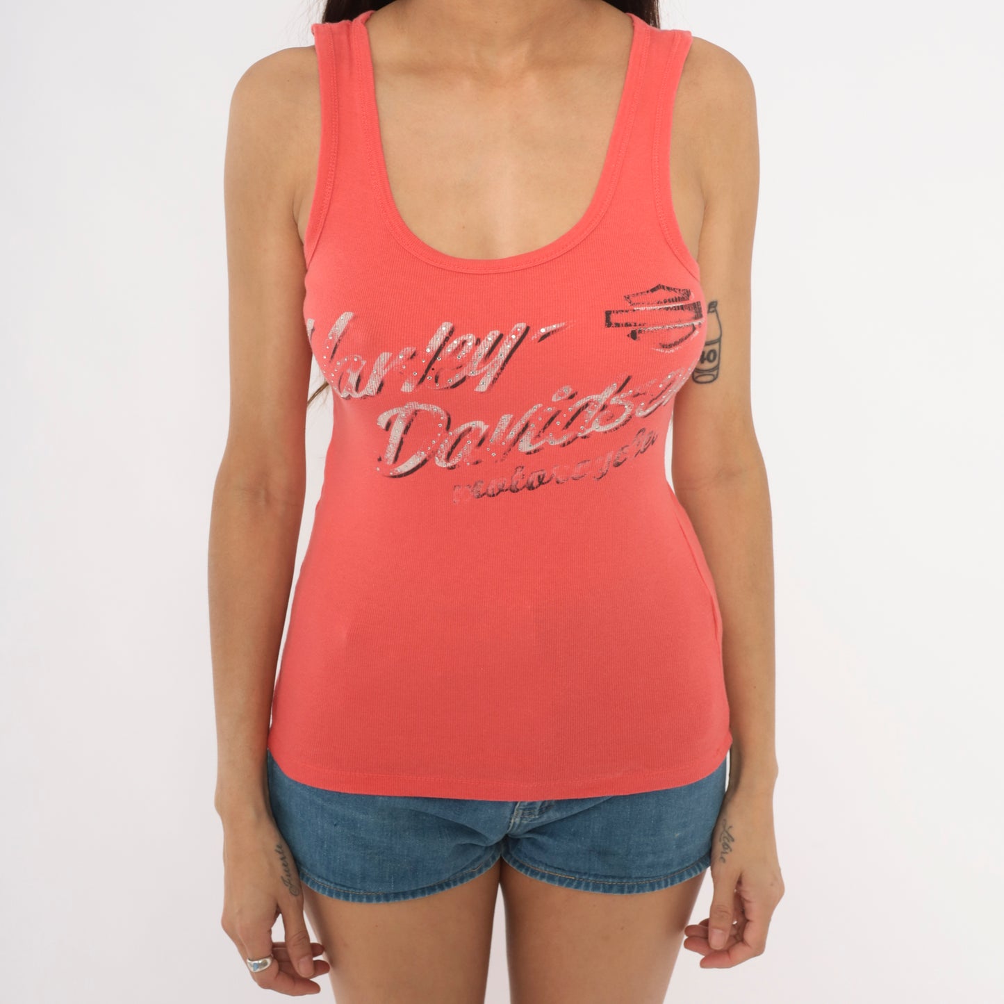 Coral Harley Davidson Tank Top 2000s  Ribbed Cotton Motorcycle Biker Salmon Pink Fitted Sleeveless Shirt Y2K Sparkle Cami Small S