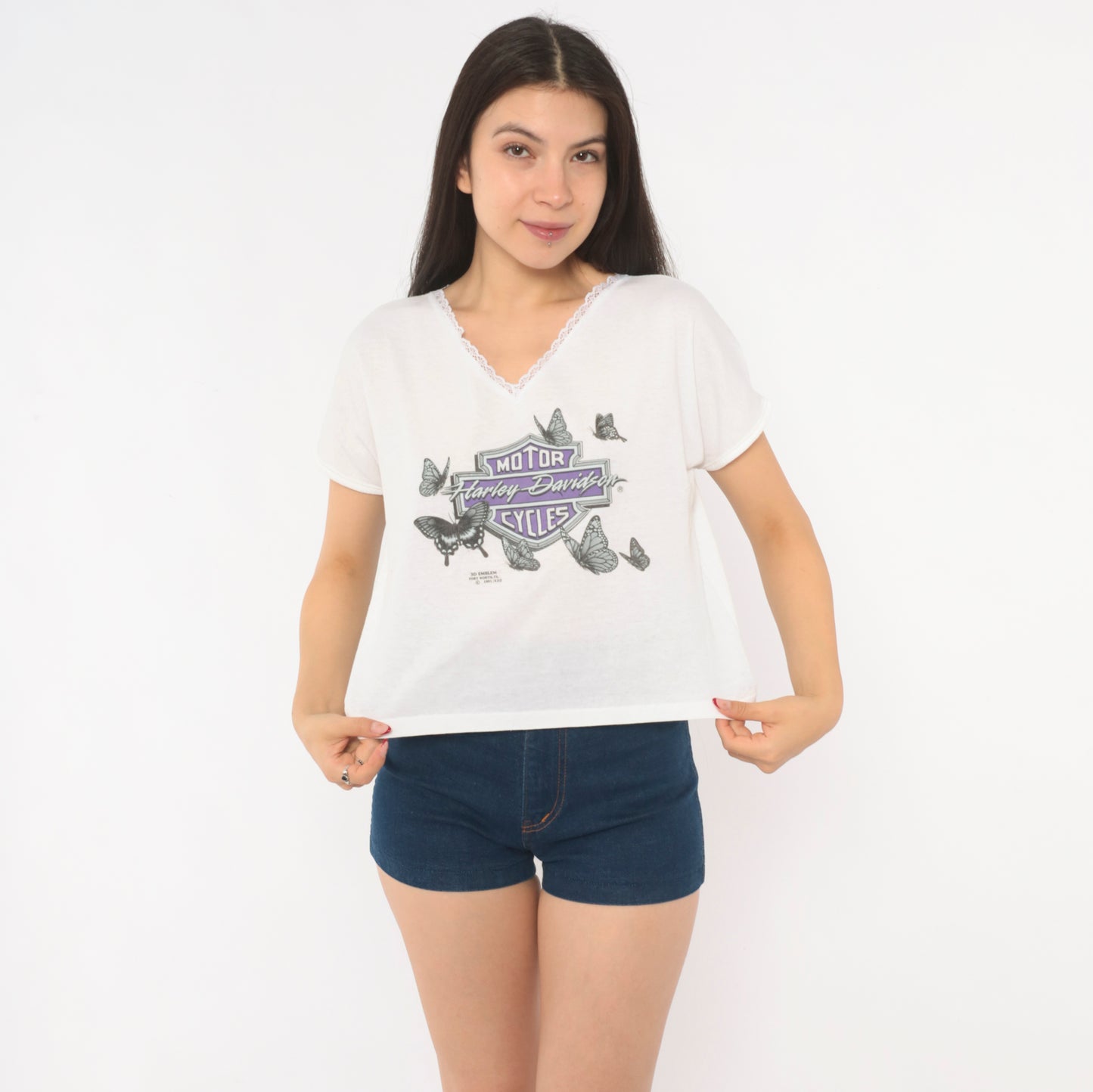 Harley Davidson Butterfly Tee 90s 3D Emblem Lace Trim V Neck White Cotton Biker Motorcycle Purple Coquette Short Sleeve Vintage Medium M