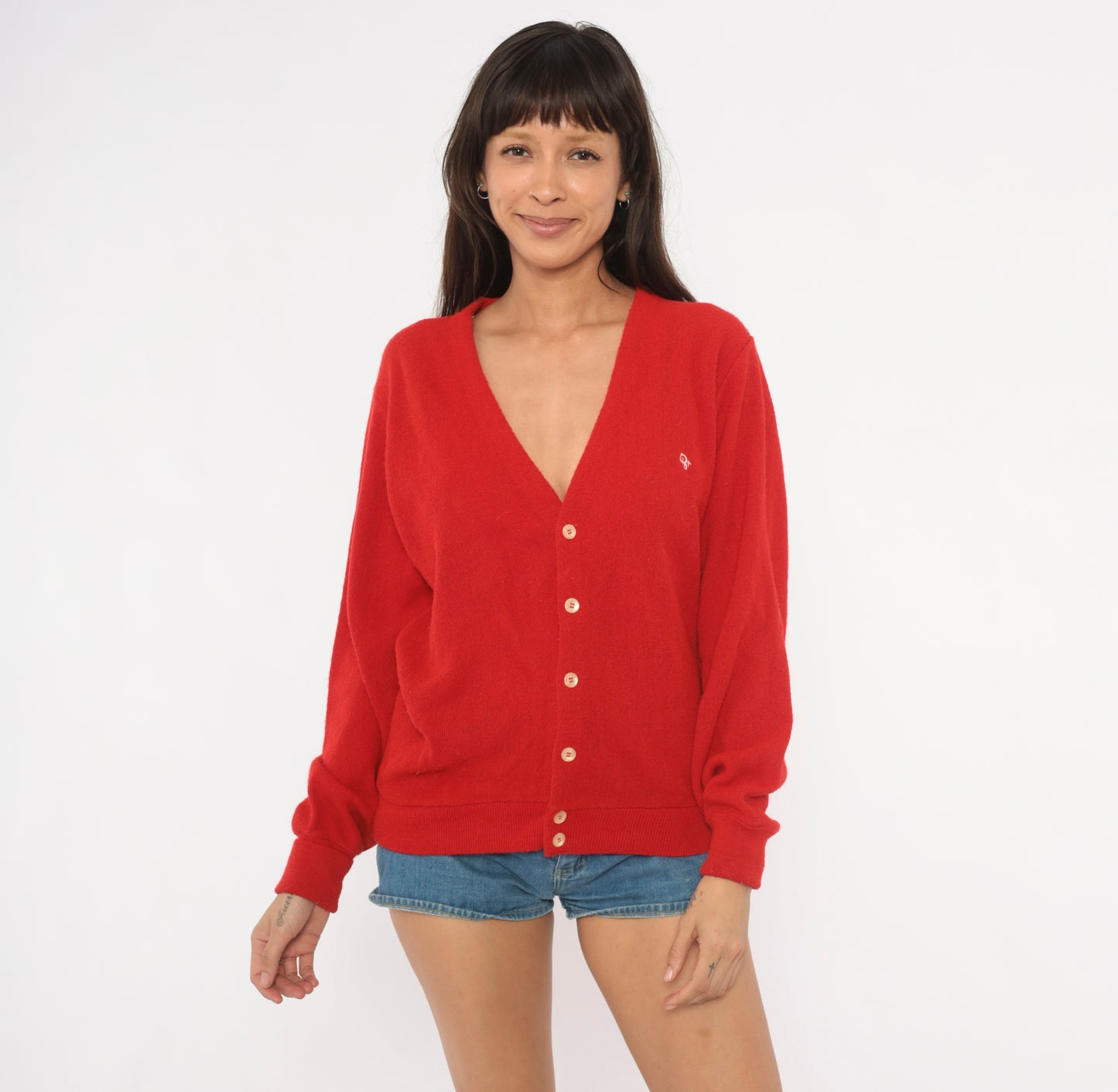 Christian Dior Cardigan 80s Red Button Front V Neck Sweater Knit Grandpa Preppy Collegiate Academic Cherry Scarlet Vintage Crimson Medium M