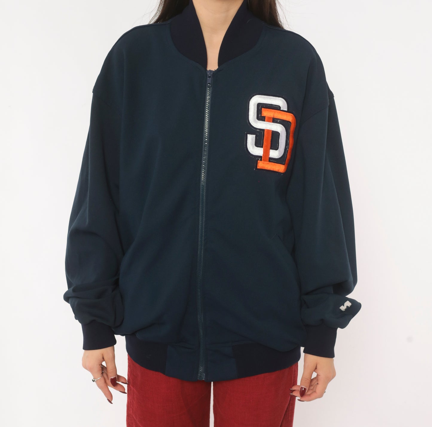 90s Starter San Diego Padres Jacket Navy Blue Zip Front Bomber Baseball MLB Varsity Warm Up Dugout Coat Sporty Athletic Extra Large XL
