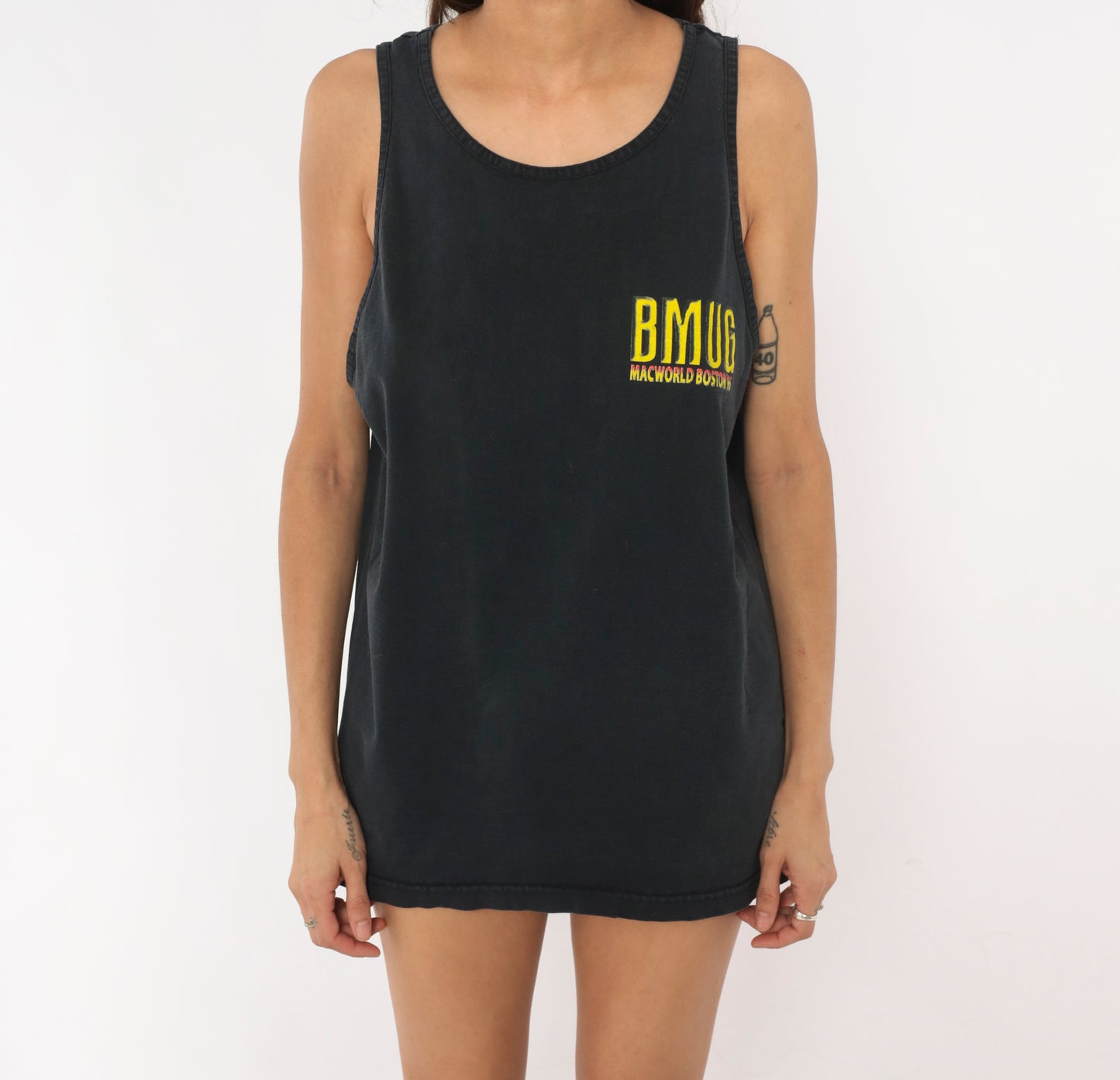 BMUG Macworld Boston 96 Tank Top Black Cotton Graphic Tee Tech Conference Vintage 90s Collegiate Shirt Faded Jet Relaxed Fit Unisex Large L