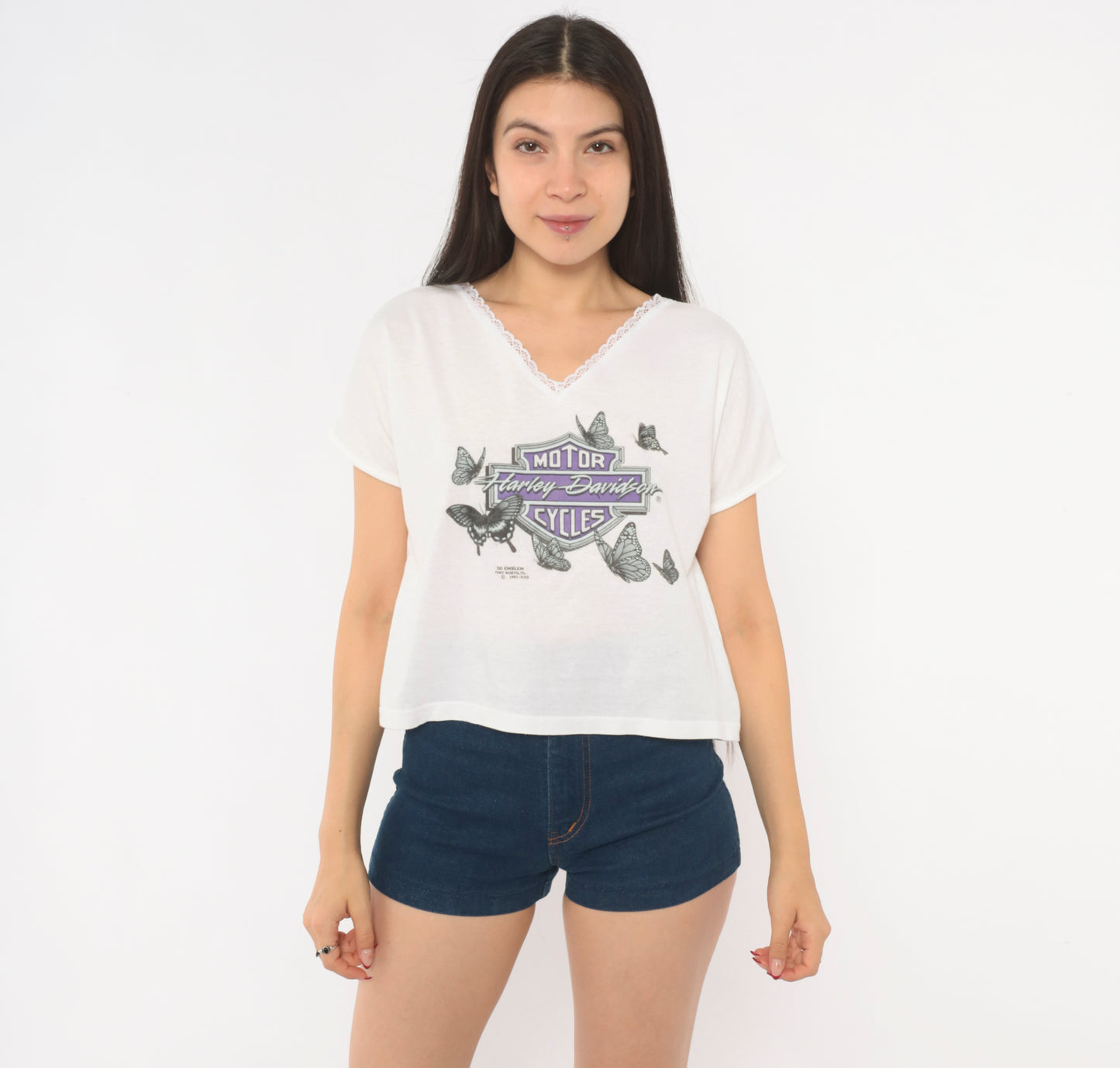 Harley Davidson Butterfly Tee 90s 3D Emblem Lace Trim V Neck White Cotton Biker Motorcycle Purple Coquette Short Sleeve Vintage Medium M