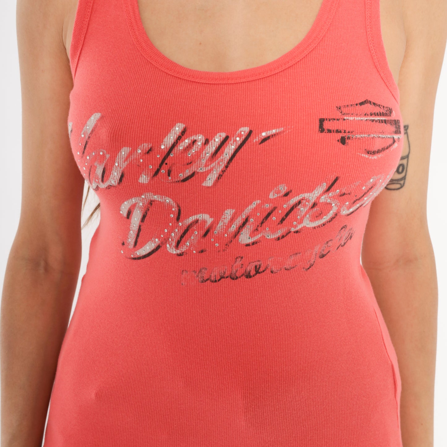 Coral Harley Davidson Tank Top 2000s  Ribbed Cotton Motorcycle Biker Salmon Pink Fitted Sleeveless Shirt Y2K Sparkle Cami Small S