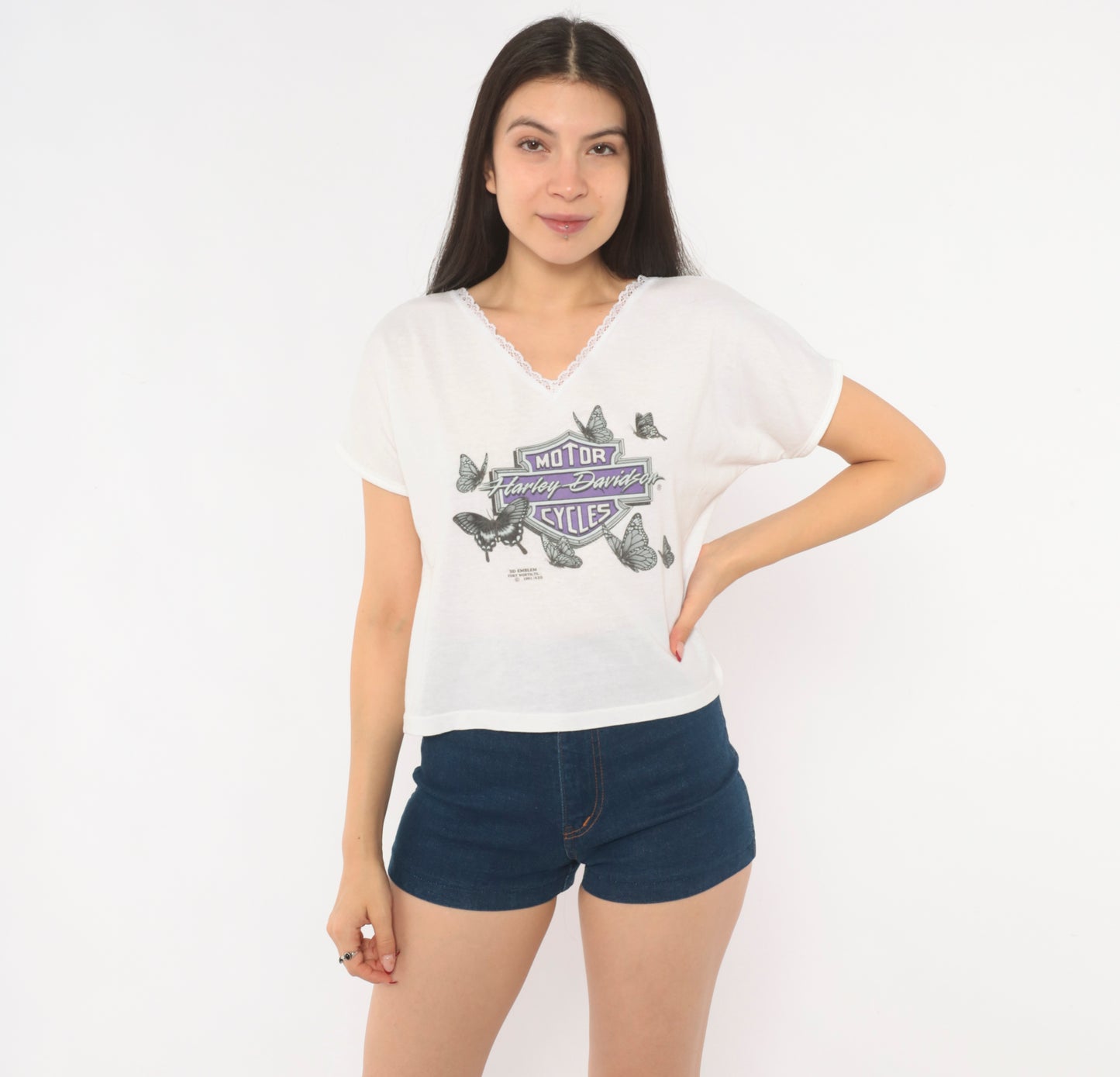 Harley Davidson Butterfly Tee 90s 3D Emblem Lace Trim V Neck White Cotton Biker Motorcycle Purple Coquette Short Sleeve Vintage Medium M