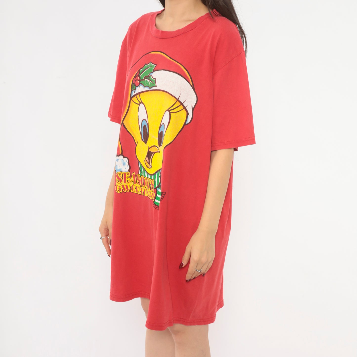 Tweety Bird Christmas Tee 90s Looney Tunes Season's Greetings Holiday Cartoon Graphic Red Streetwear Shirt Vintage One Size Fits Most OSFM