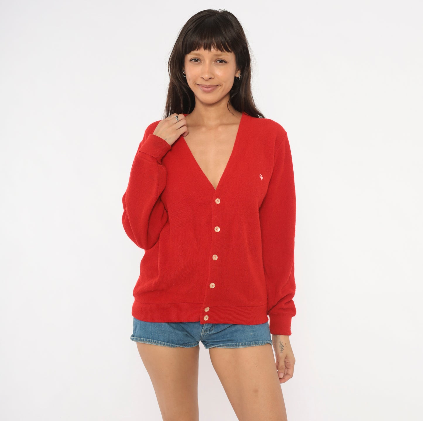 Christian Dior Cardigan 80s Red Button Front V Neck Sweater Knit Grandpa Preppy Collegiate Academic Cherry Scarlet Vintage Crimson Medium M