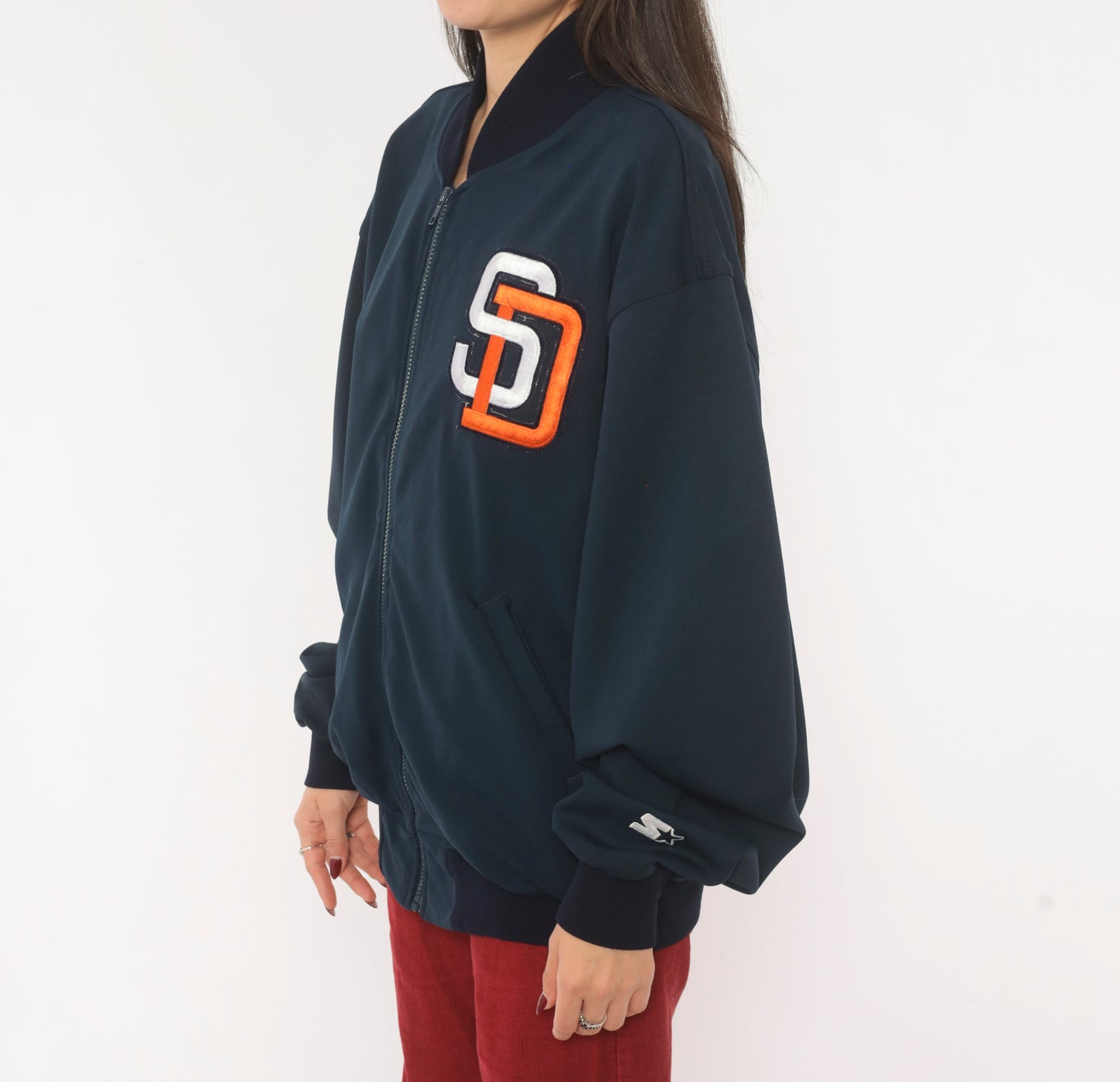 90s Starter San Diego Padres Jacket Navy Blue Zip Front Bomber Baseball MLB Varsity Warm Up Dugout Coat Sporty Athletic Extra Large XL