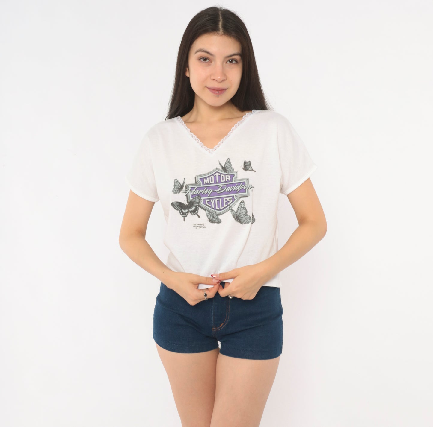 Harley Davidson Butterfly Tee 90s 3D Emblem Lace Trim V Neck White Cotton Biker Motorcycle Purple Coquette Short Sleeve Vintage Medium M