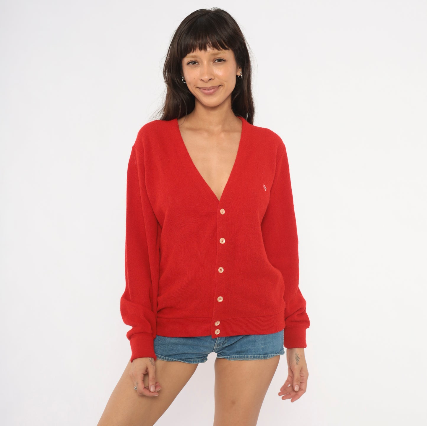Christian Dior Cardigan 80s Red Button Front V Neck Sweater Knit Grandpa Preppy Collegiate Academic Cherry Scarlet Vintage Crimson Medium M
