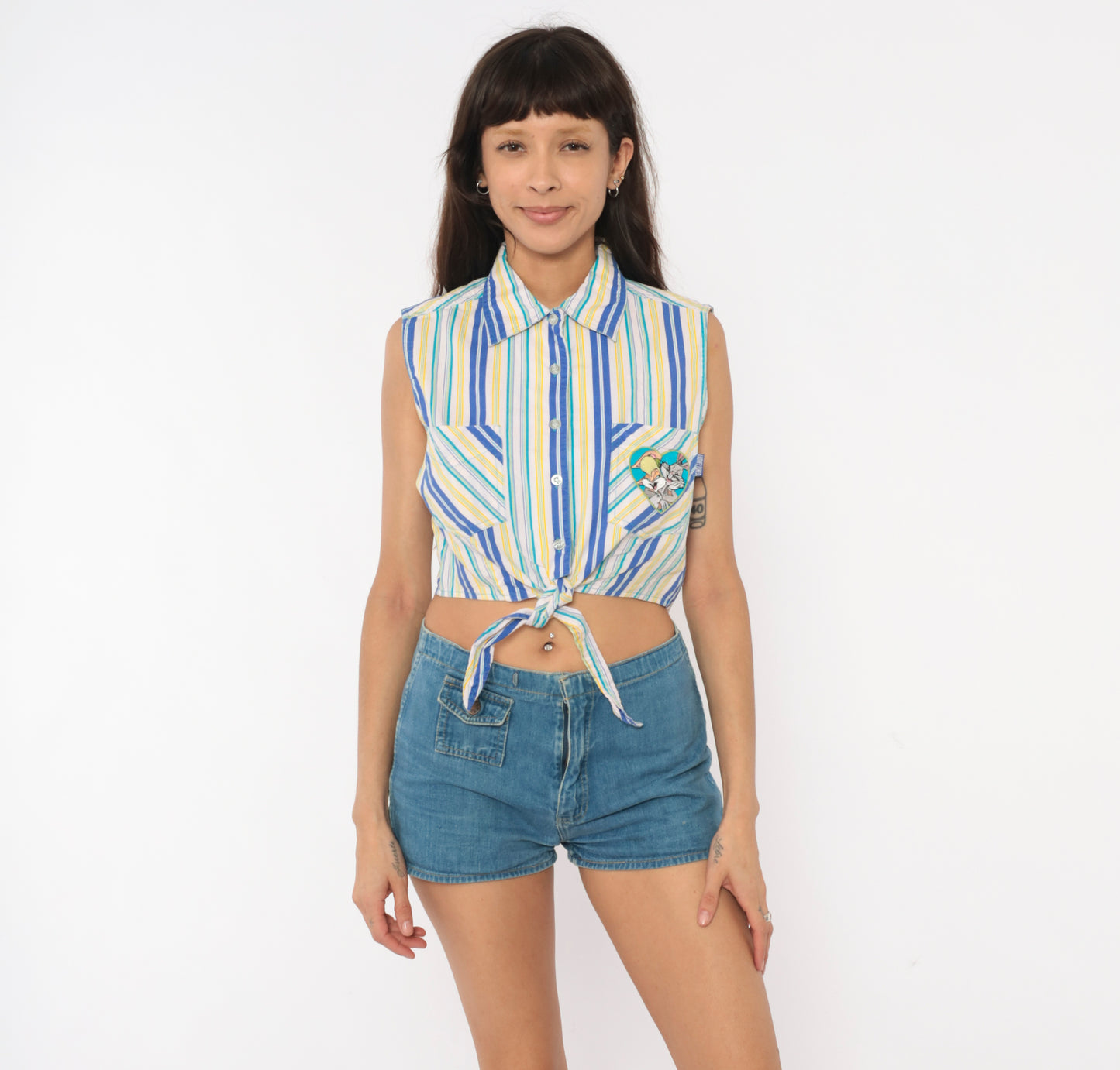 Space Jam Looney Tunes Striped Crop Top 90s Sleeveless Cotton Collared Shirt Cobalt Yellow White Bugs Bunny Lola Blouse Vintage Medium M