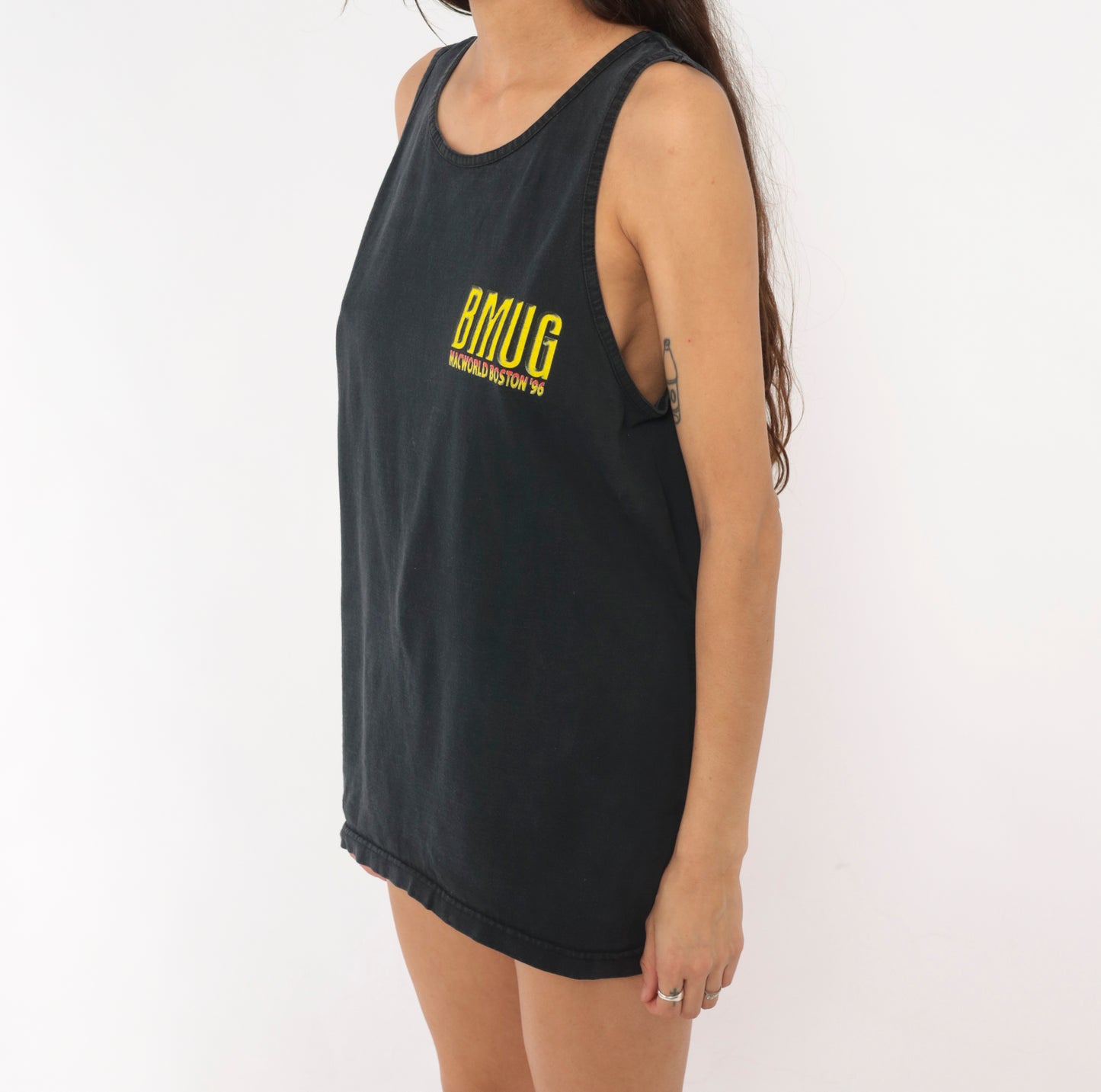 BMUG Macworld Boston 96 Tank Top Black Cotton Graphic Tee Tech Conference Vintage 90s Collegiate Shirt Faded Jet Relaxed Fit Unisex Large L