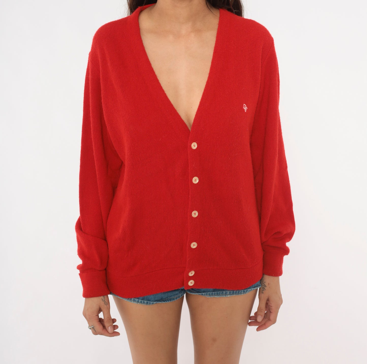 Christian Dior Cardigan 80s Red Button Front V Neck Sweater Knit Grandpa Preppy Collegiate Academic Cherry Scarlet Vintage Crimson Medium M