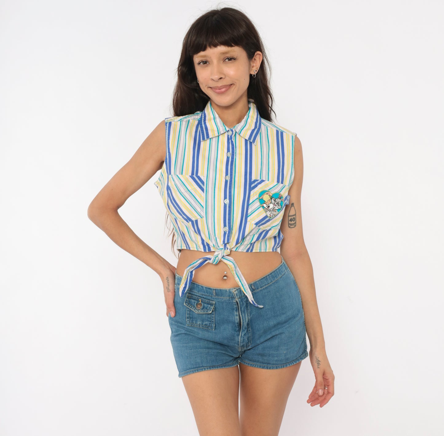 Space Jam Looney Tunes Striped Crop Top 90s Sleeveless Cotton Collared Shirt Cobalt Yellow White Bugs Bunny Lola Blouse Vintage Medium M