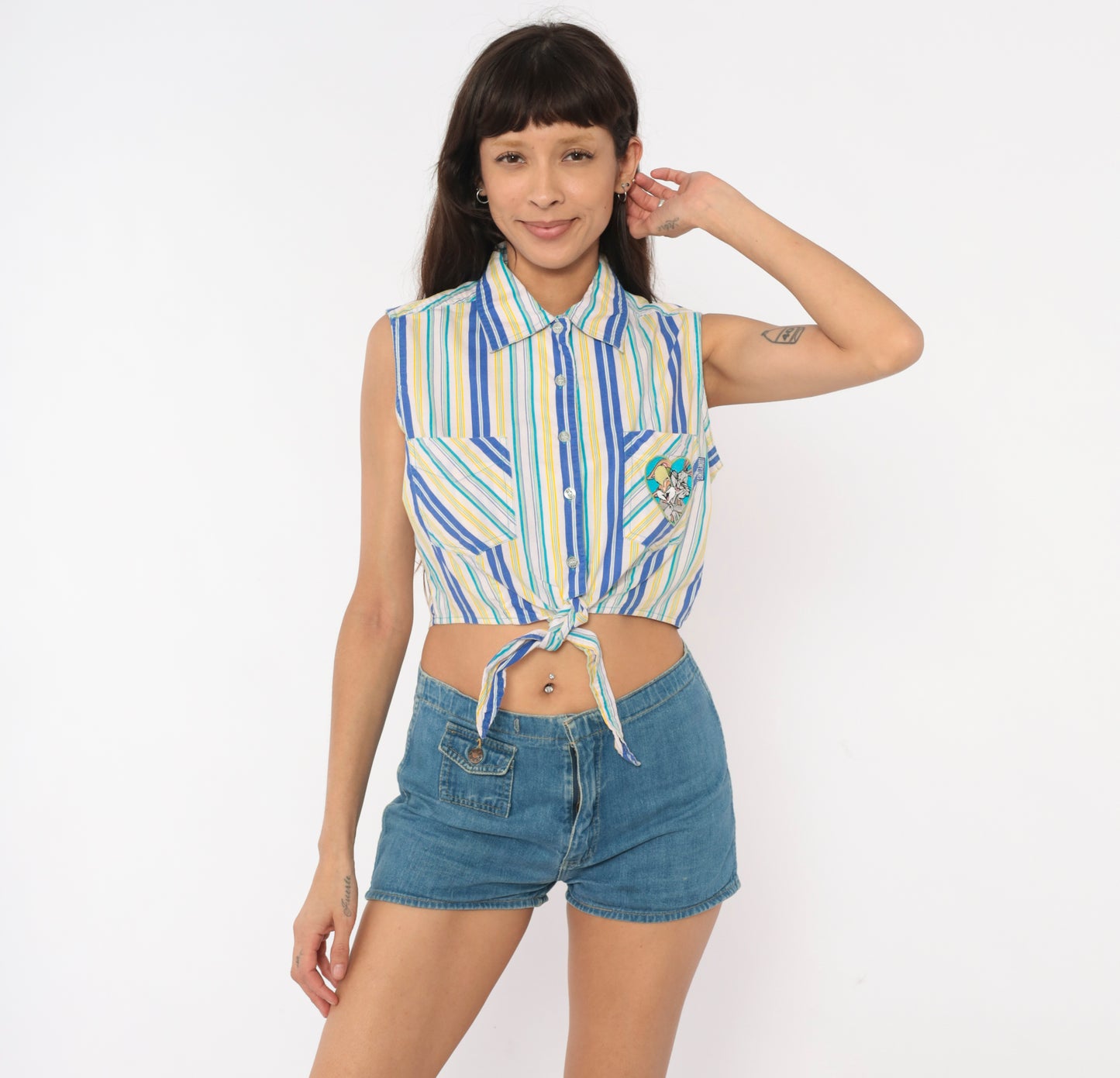 Space Jam Looney Tunes Striped Crop Top 90s Sleeveless Cotton Collared Shirt Cobalt Yellow White Bugs Bunny Lola Blouse Vintage Medium M