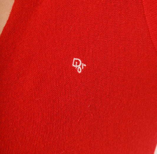 Christian Dior Cardigan 80s Red Button Front V Neck Sweater Knit Grandpa Preppy Collegiate Academic Cherry Scarlet Vintage Crimson Medium M