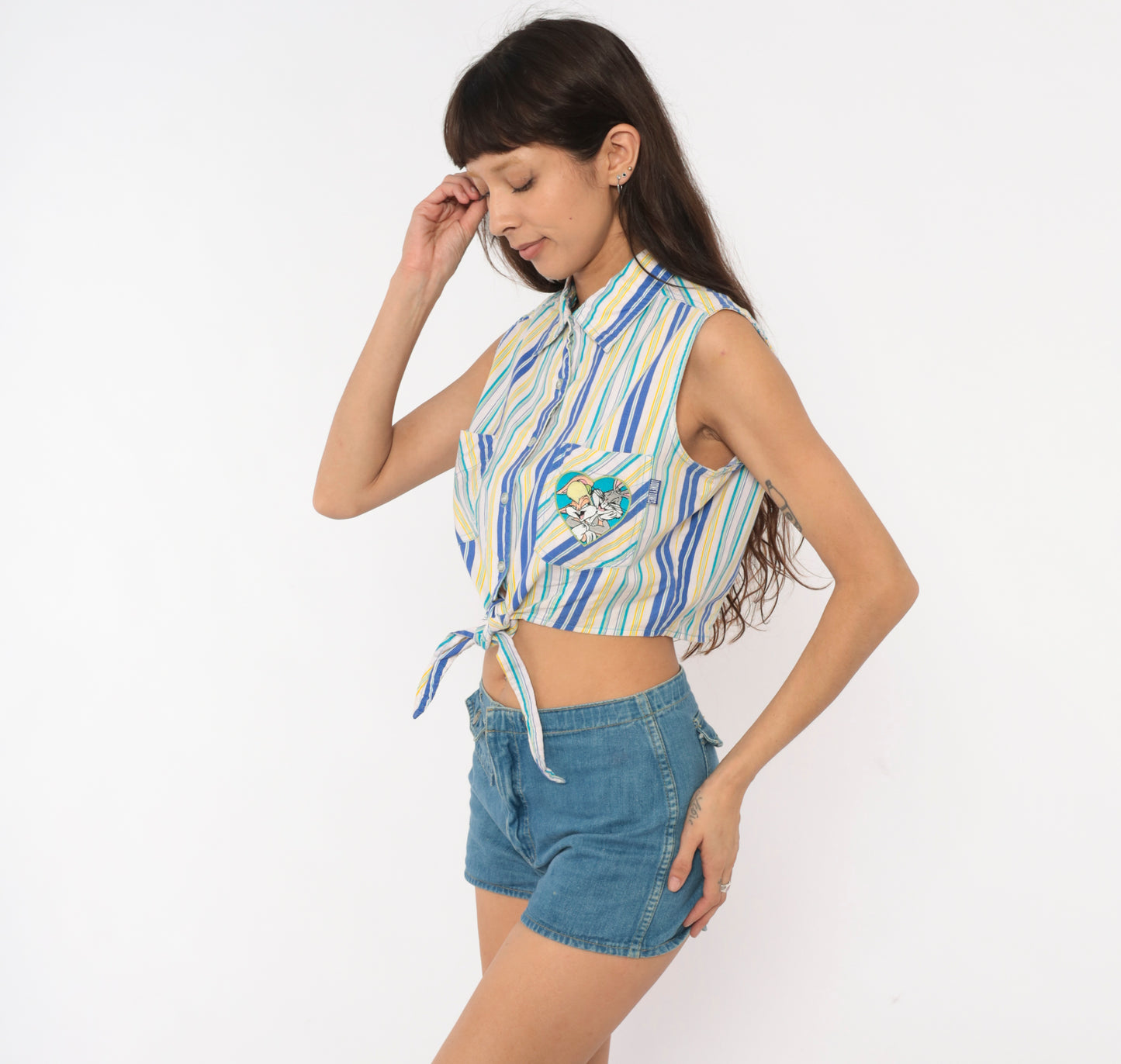 Space Jam Looney Tunes Striped Crop Top 90s Sleeveless Cotton Collared Shirt Cobalt Yellow White Bugs Bunny Lola Blouse Vintage Medium M