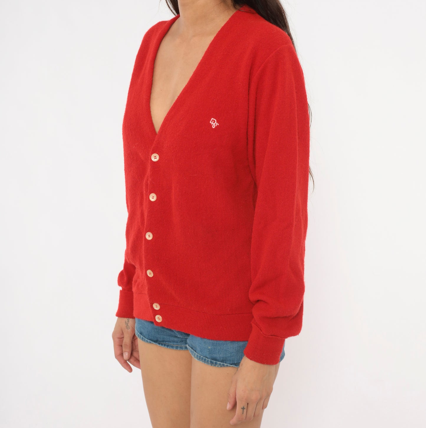 Christian Dior Cardigan 80s Red Button Front V Neck Sweater Knit Grandpa Preppy Collegiate Academic Cherry Scarlet Vintage Crimson Medium M