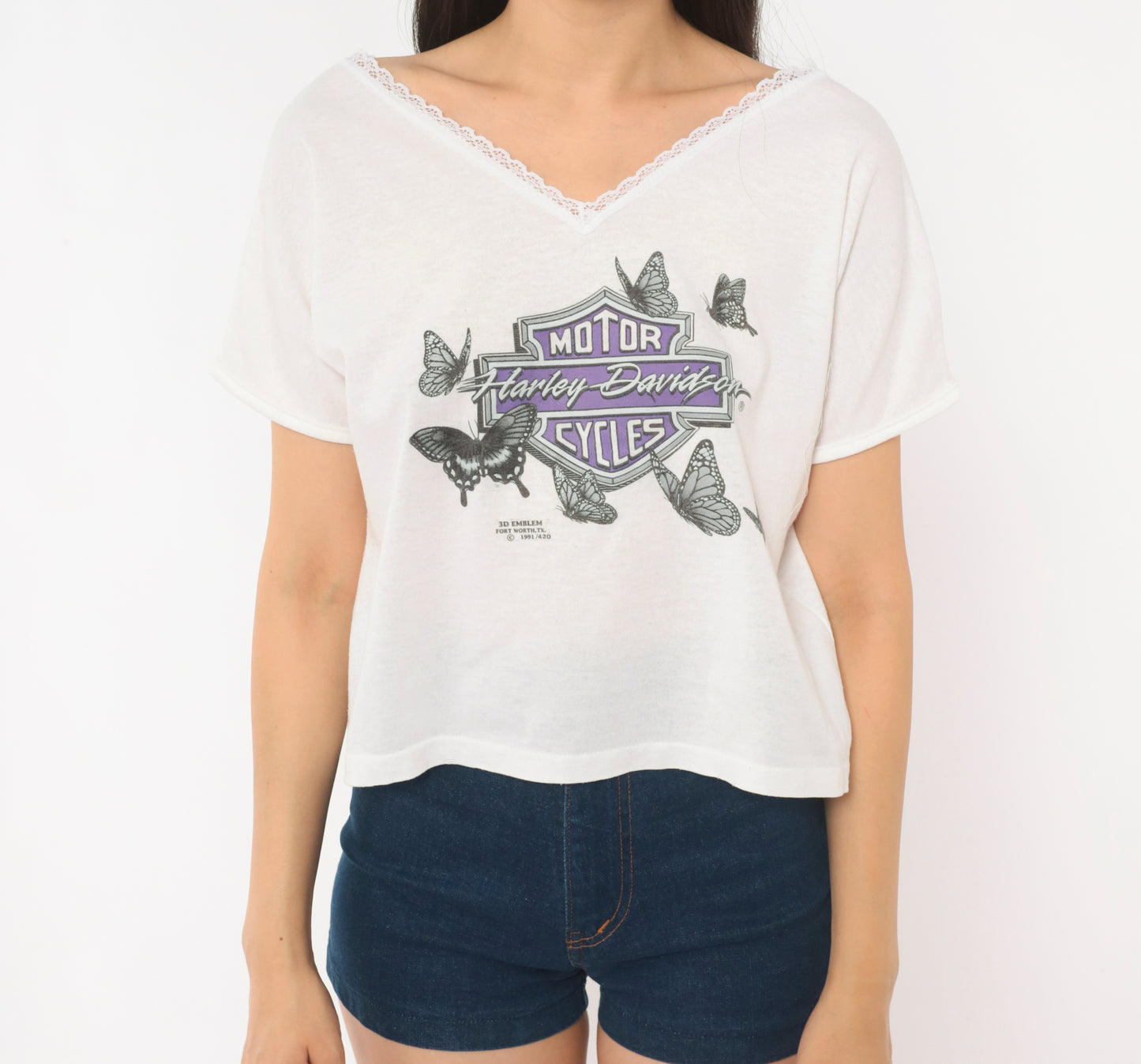 Harley Davidson Butterfly Tee 90s 3D Emblem Lace Trim V Neck White Cotton Biker Motorcycle Purple Coquette Short Sleeve Vintage Medium M