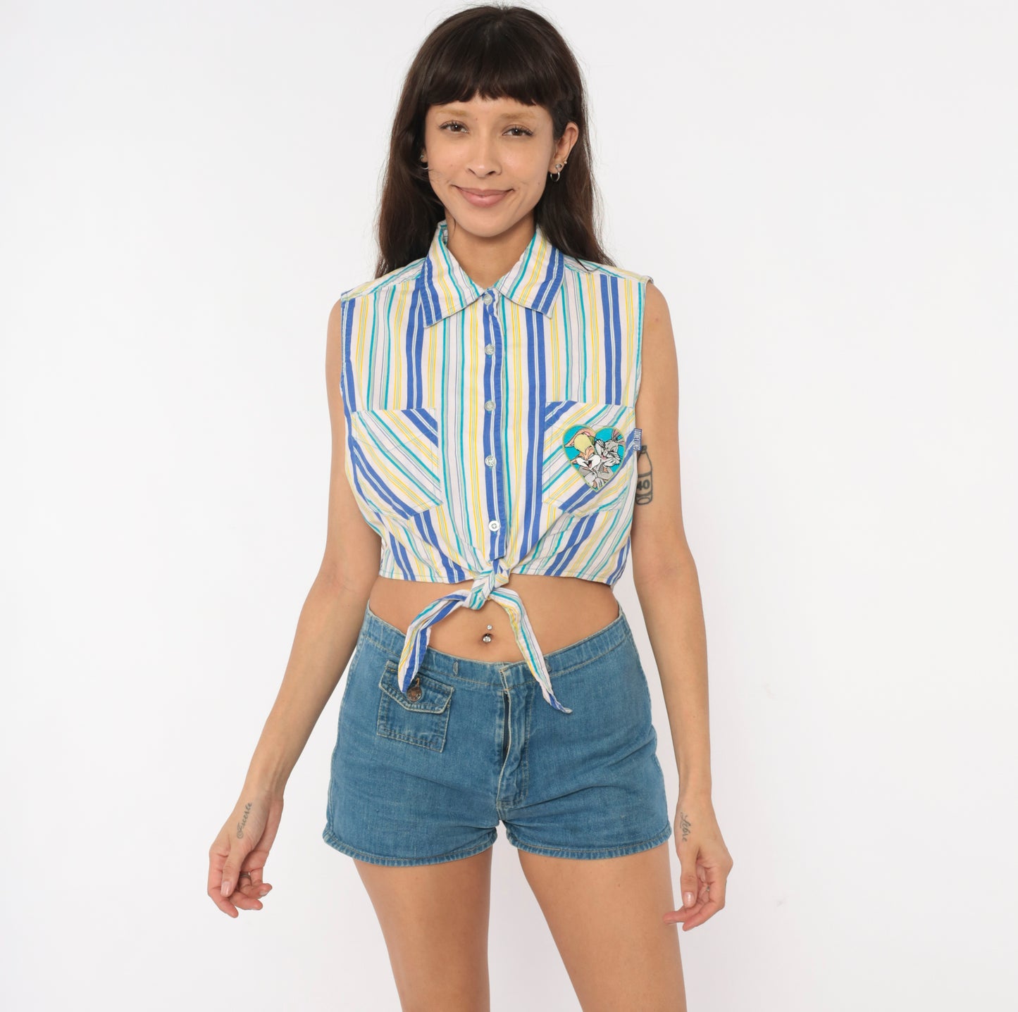 Space Jam Looney Tunes Striped Crop Top 90s Sleeveless Cotton Collared Shirt Cobalt Yellow White Bugs Bunny Lola Blouse Vintage Medium M