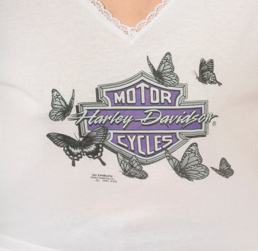 Harley Davidson Butterfly Tee 90s 3D Emblem Lace Trim V Neck White Cotton Biker Motorcycle Purple Coquette Short Sleeve Vintage Medium M