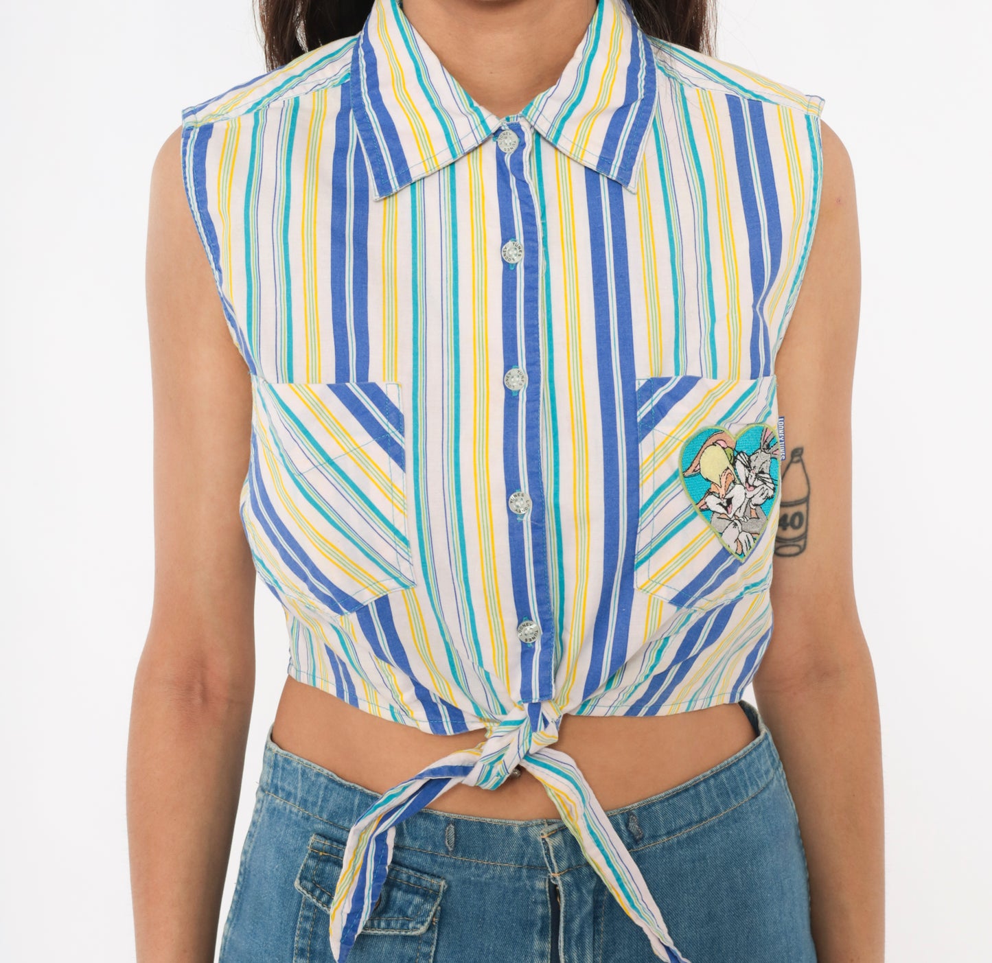 Space Jam Looney Tunes Striped Crop Top 90s Sleeveless Cotton Collared Shirt Cobalt Yellow White Bugs Bunny Lola Blouse Vintage Medium M