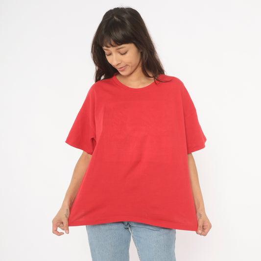 Embossed Vogue Red Tee 90s Boxy Fit Short Sleeve Tonal Graphic Cotton Shirt Blank Back Relaxed Casual Streetwear Vintage Top Large L