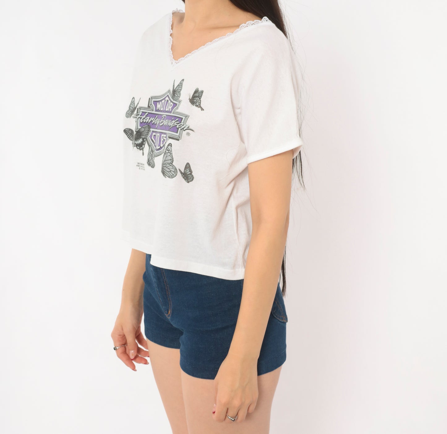 Harley Davidson Butterfly Tee 90s 3D Emblem Lace Trim V Neck White Cotton Biker Motorcycle Purple Coquette Short Sleeve Vintage Medium M