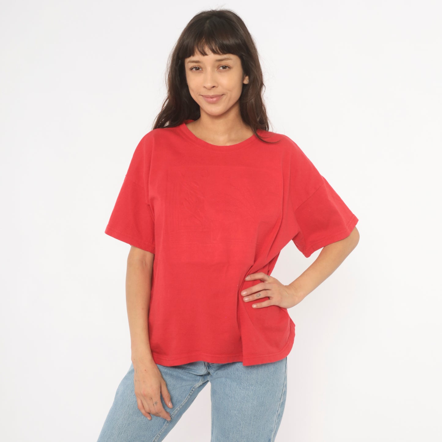 Embossed Vogue Red Tee 90s Boxy Fit Short Sleeve Tonal Graphic Cotton Shirt Blank Back Relaxed Casual Streetwear Vintage Top Large L